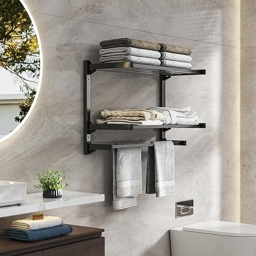 Miniatura 3 de Toallero de 24 pulgadas para baño, toallero de 3 niveles con estante de almacenamiento desmontable, estante de toallas de baño con doble toallero,
