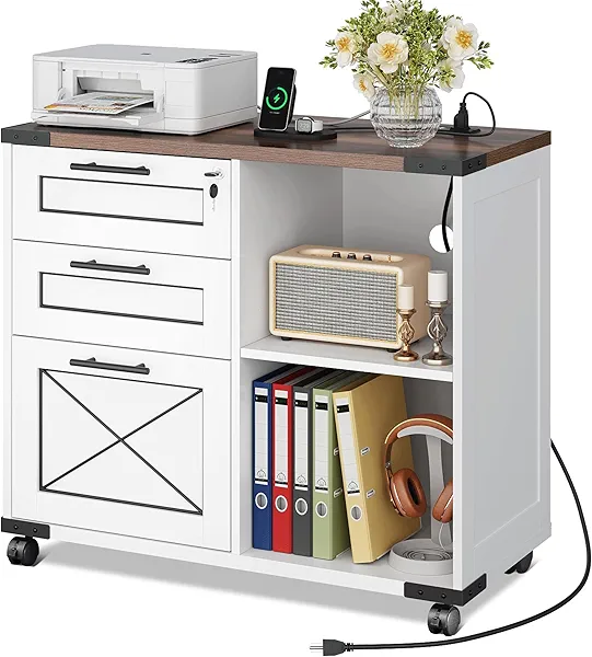 DEVAISE Wood File Cabinet with Charging Station, Mobile Lateral Filing Cabinet with Lock for Home Office, Printer Stand with Open Storage Shelves, Cottage Style White