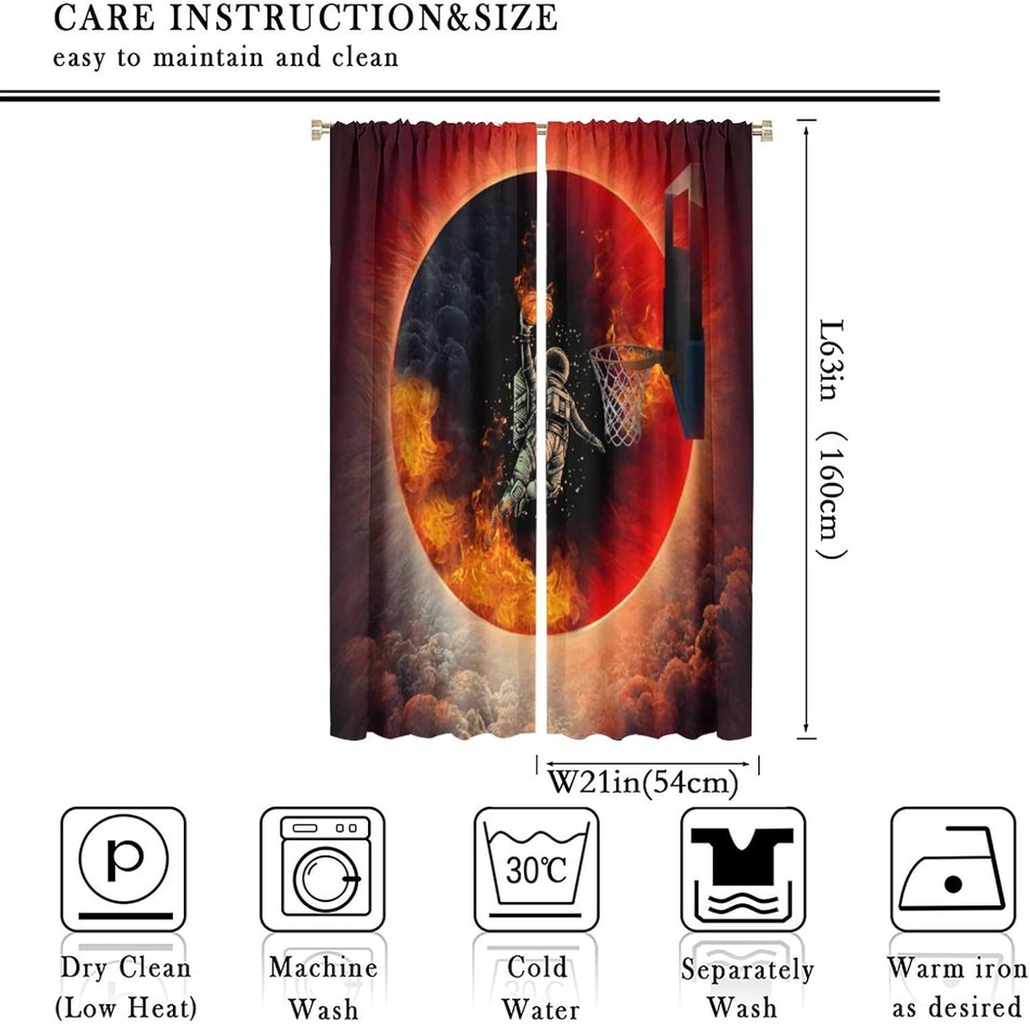 Brebasf Cool Space Astronaut Curtains - Modern Fantasy Sports Player Flame Basketball Window Curtain Room Darkening Blackout Curtains Thermal Insulated Rod Pocket Curtains 2 Panels 63"L x 21"W