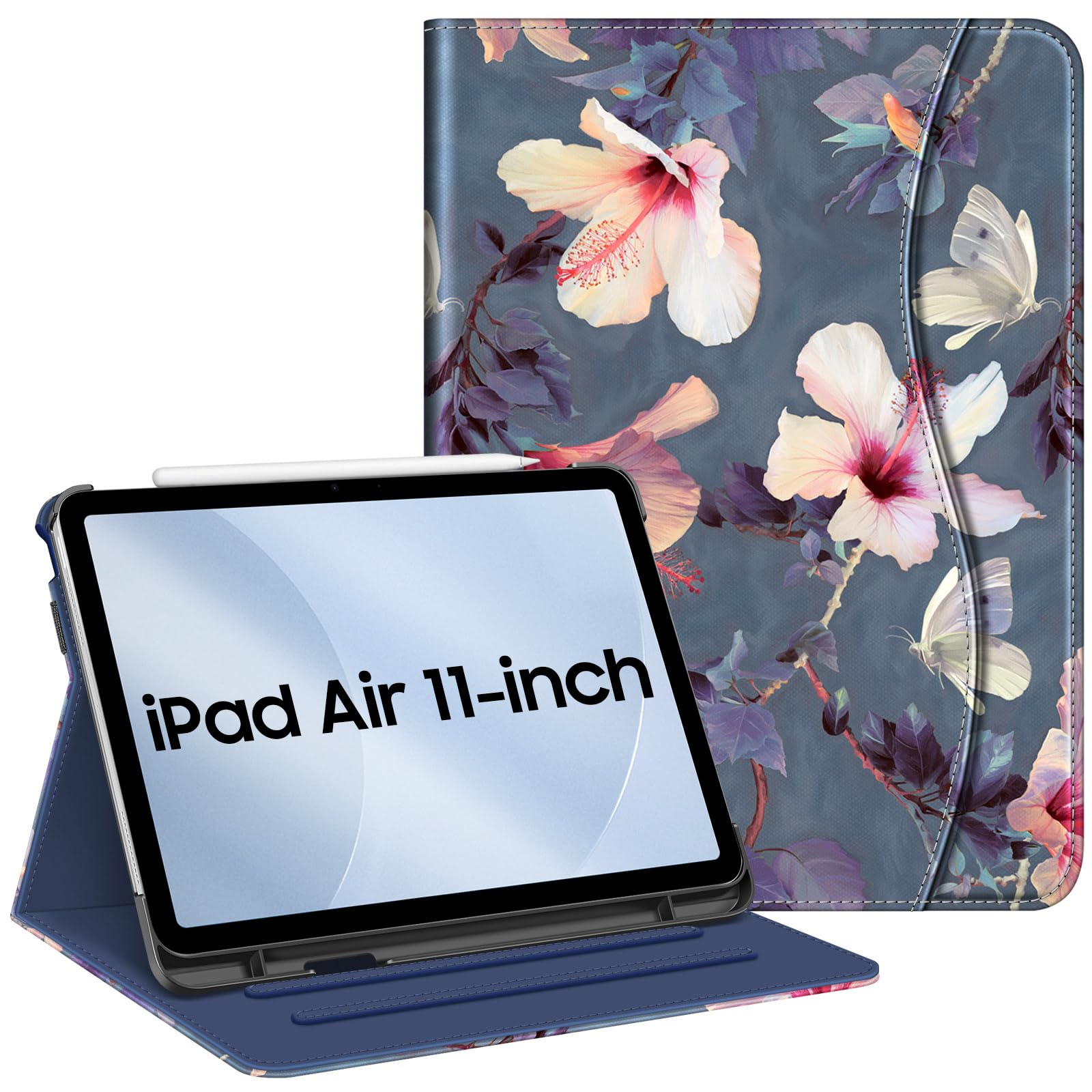 Fintie Case for iPad Air 11-inch M3 2025 M2 2024, iPad Air 5th Gen (2022) / iPad Air 4th Gen (2020) 10.9 Inch, Multi-Angle Viewing Protective Cover with Pencil Holder & Pocket, Blooming Hibiscus