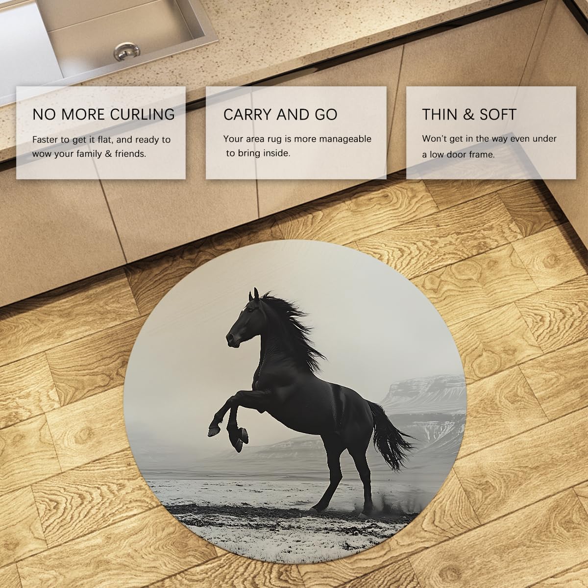 Realistic Black Horse Round 100cm Tapis Ronds Modernes pour Salon Animaux Facile Nettoyer Chambre Assise carpette Fine Descente de lit Pliable
