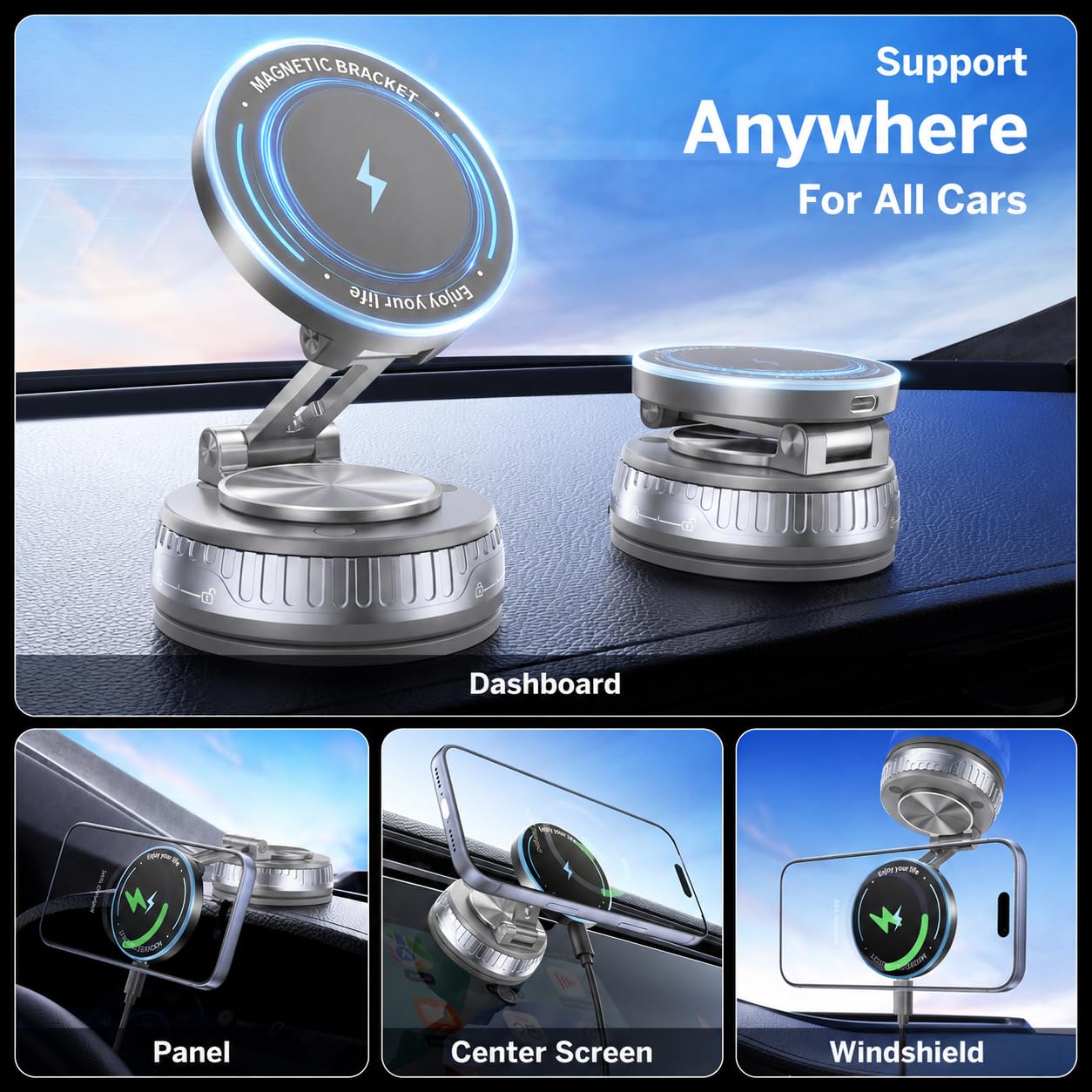 Supporto magnetico per telefono da auto con forte aspirazione a vuoto, 20 magneti N55, supporto per telefono regolabile a 360° per cruscotto e parabrezza, stabile di livello militare, universale per