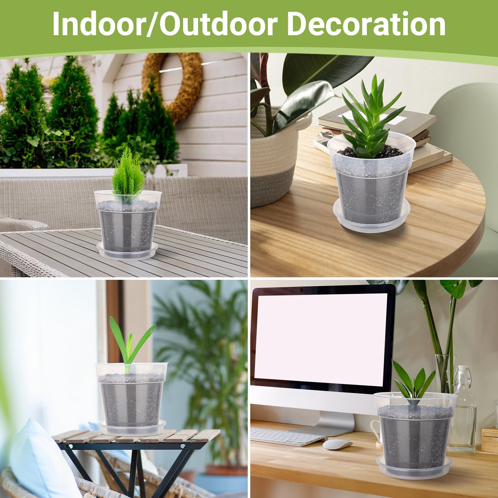 GREANER Lot de 10 grands pots transparents en plastique de 25,4 cm d'épaisseur avec trous de drainage, récipients décoratifs modernes pour intérieur et extérieur avec 10 étiquettes pour plantes