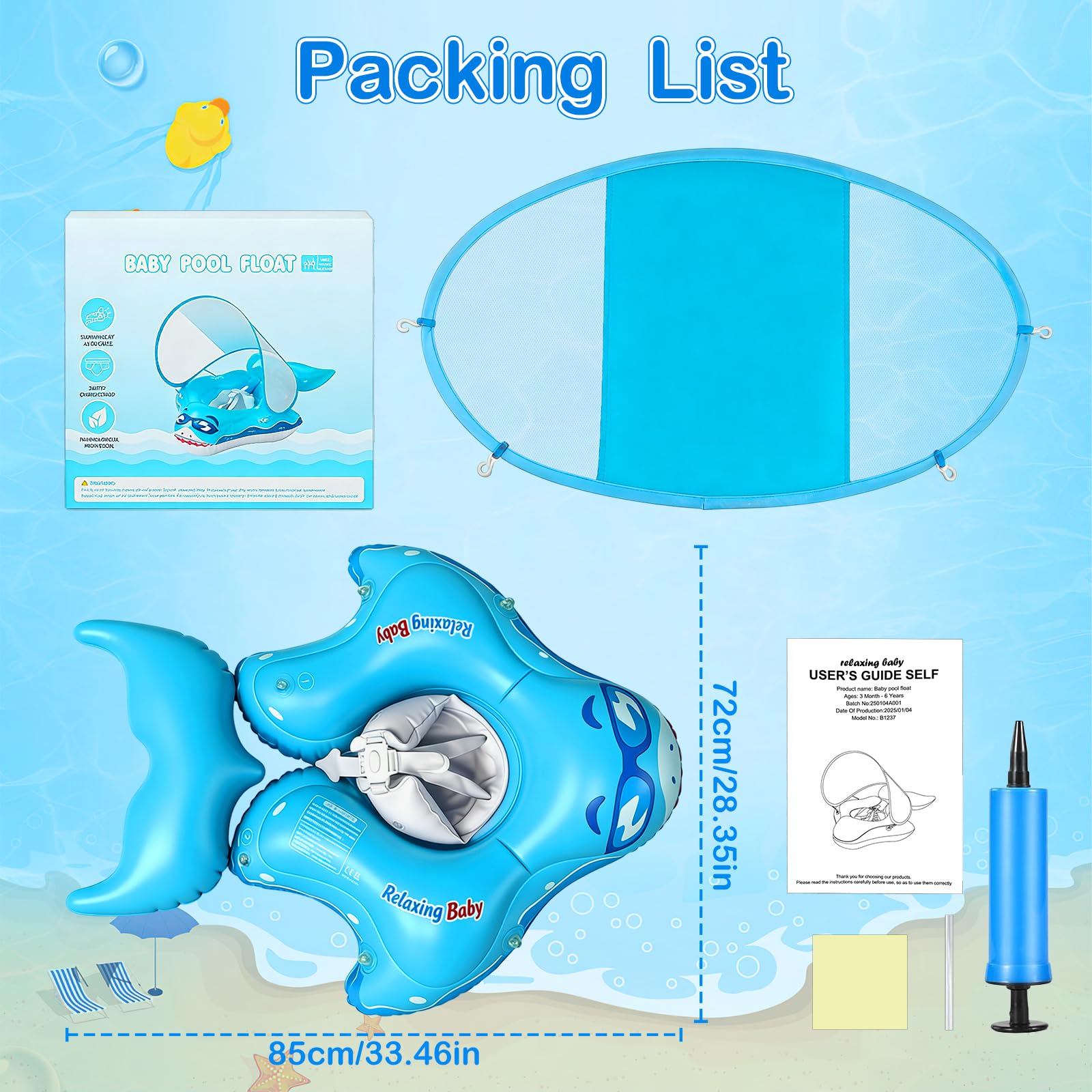 Qingning Flotador Bebe con Sombrilla Desmontable, Flotador de Piscina Hinchable con Asiento para Bebés 3-36 Meses, Flotador Infantil con Toldo para Piscina, Baby Pool Swimming Float