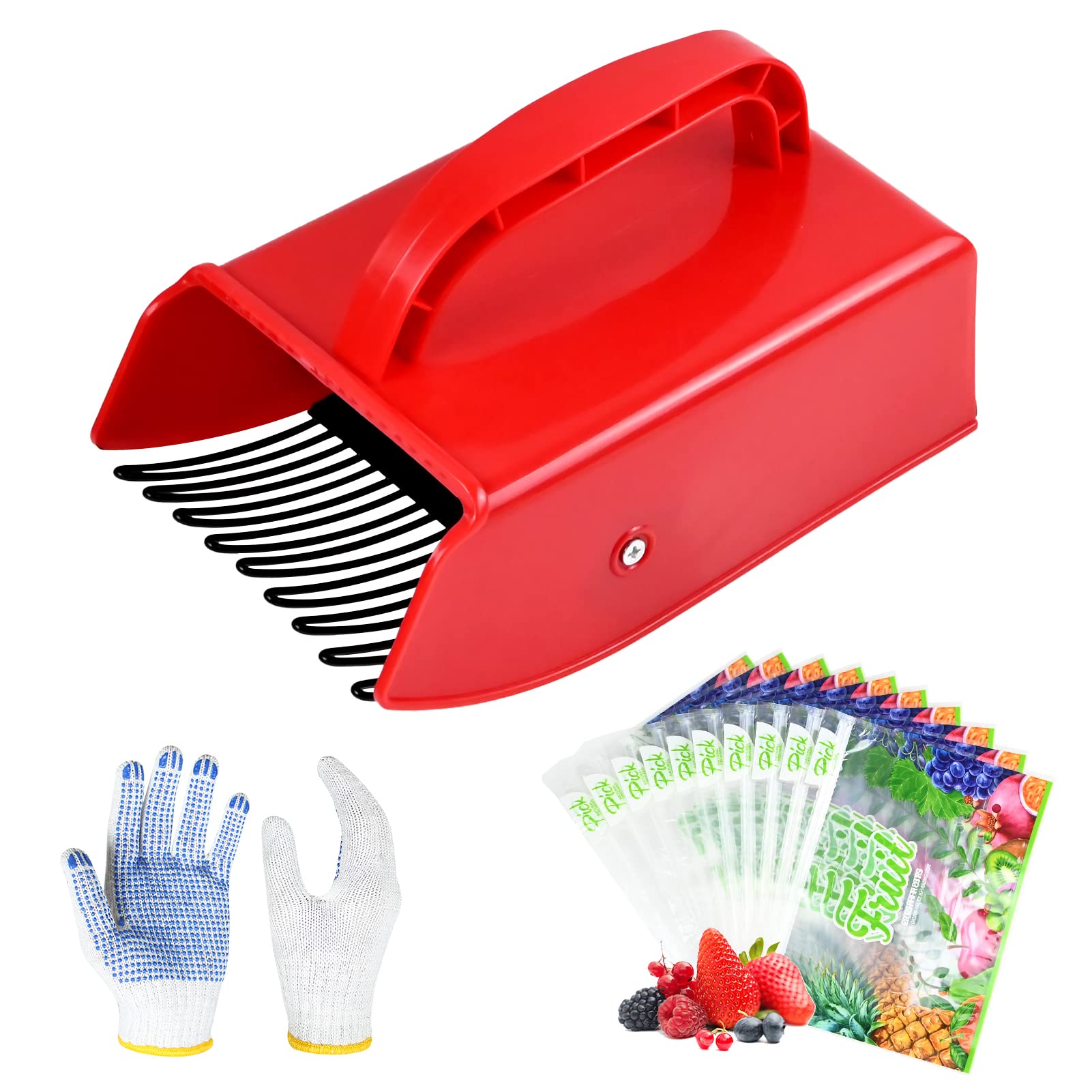 Mihiriling Fruit Picker Tool, Berry Picker Harvester Rake Basket, Metallic Comb and Ergonomic Handle, Blueberry Rake Scoop for Blueberries, Lingonberries and Huckleberries?10PCS Fruit Bag+Gloves?