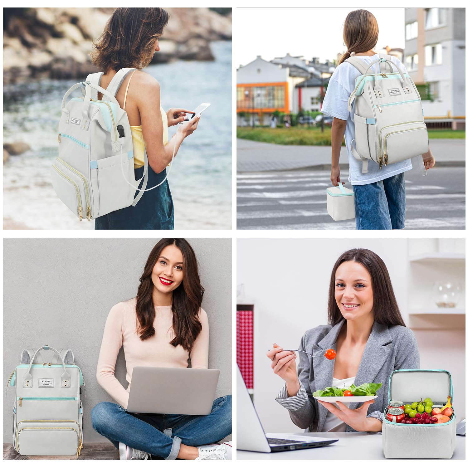 ETRONIK Mochila de almuerzo para mujer, mochila para laptop con puerto USB