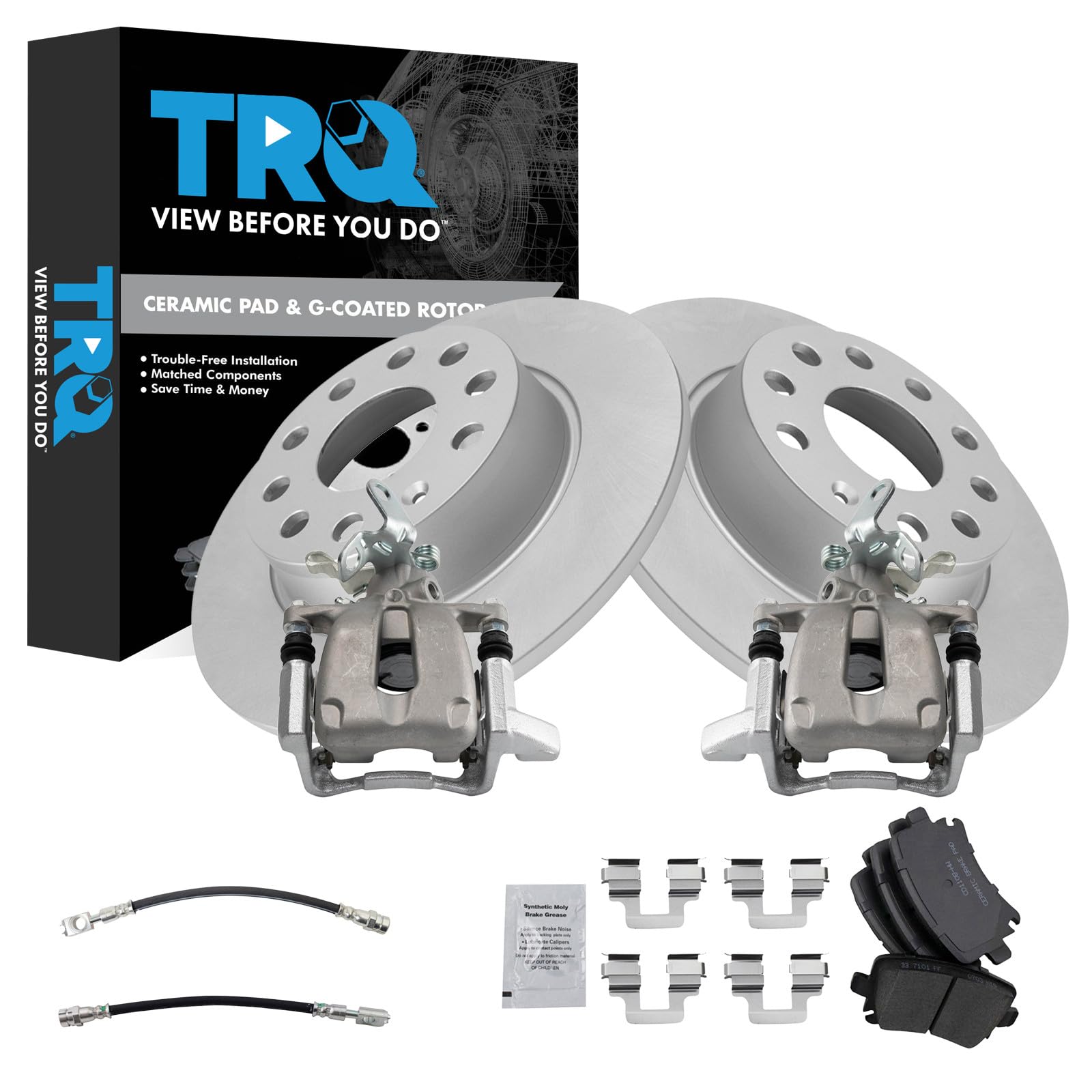 TRQ Rear Brake Pad and Rotor Set Ceramic Coated Calipers Hoses Compatible with 2010 Volkswagen Golf 2010 Jetta