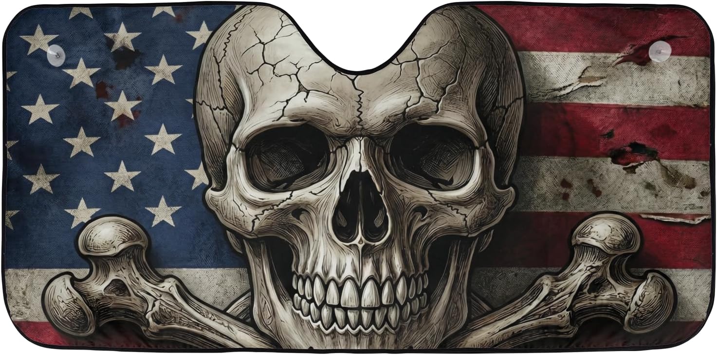 ThangPham Shop USA Skull Car Sunshade, America Flag Skull Windshield Sun Shade, Patriotic Skull Auto Sun Protector