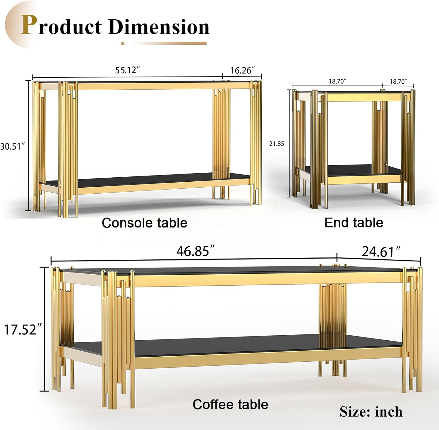 Goujxcy Gold Coffee Table Set of 2 Modern Rectangle Blaack Glass Coffee Table Console Table with Stainless Steel Frame 2 Pieces Living Room Center Table Sofa Entryway Table for Home Office