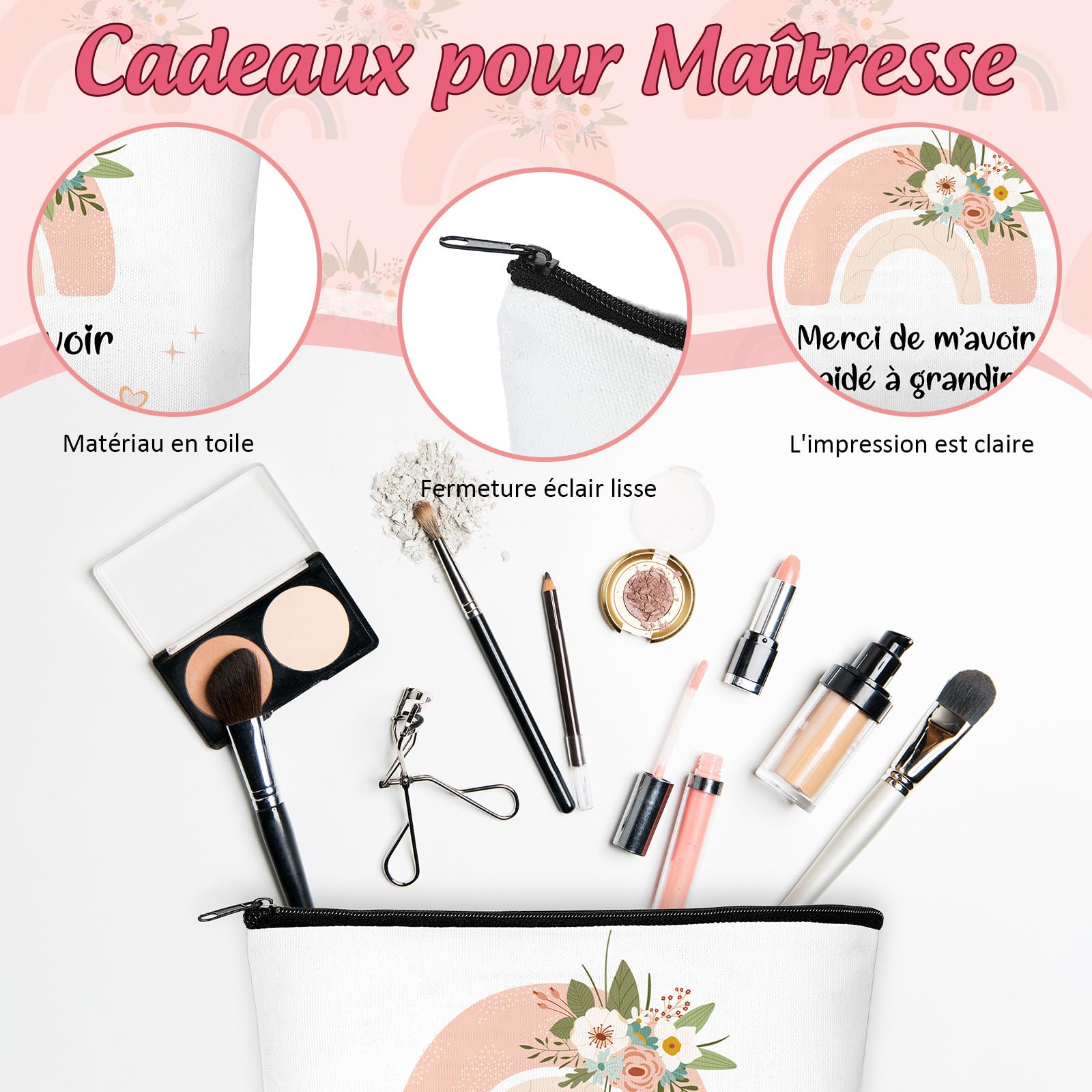 Cadeau de Remerciement pour Maîtresse Professeur 4 Pièces Trousse de Maquillage Porte-Clés Carte Arc-en-Ciel avec Enveloppe