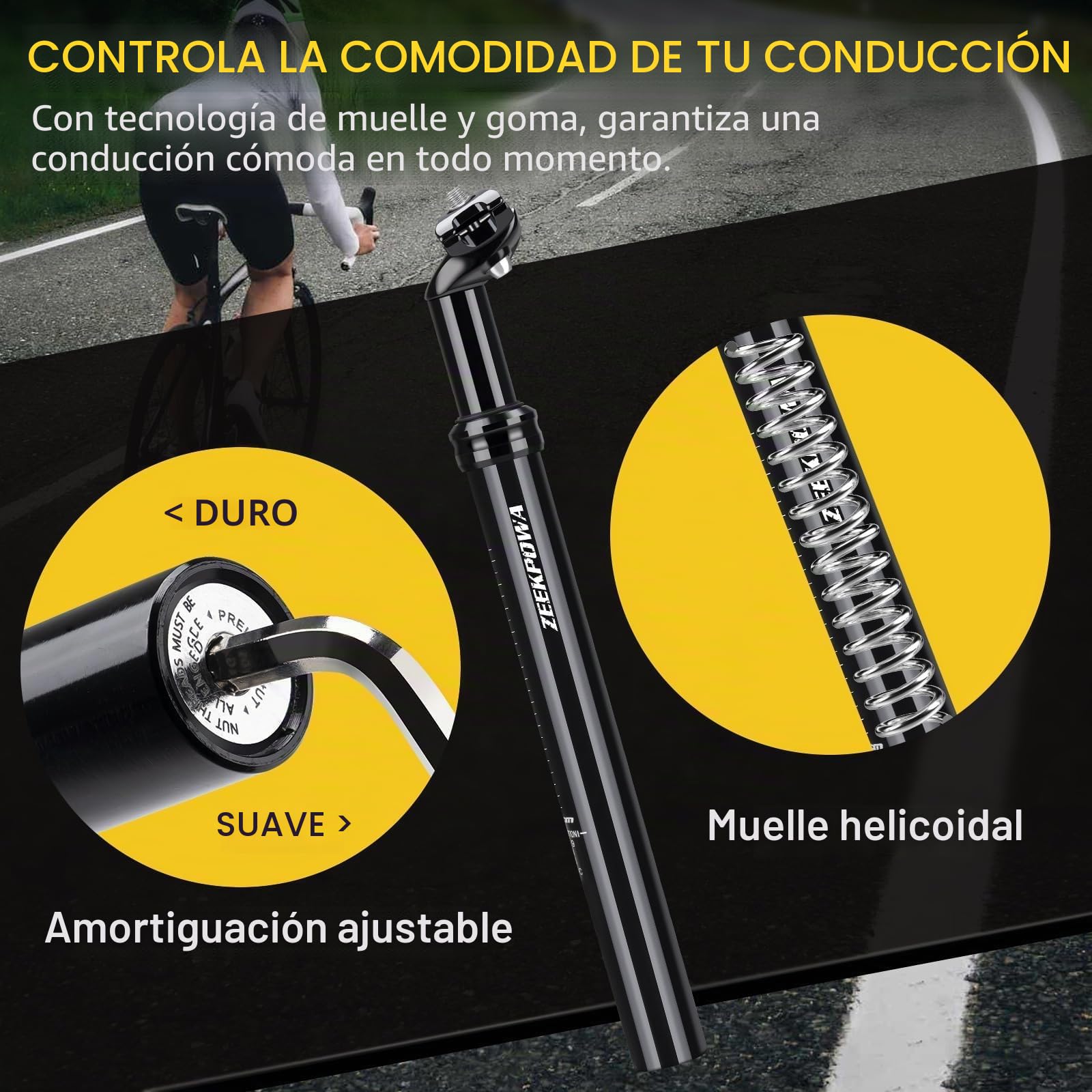 Tija de sillín de Aluminio con suspensión de 350 mm de Longitud - Tija de sillín de Bicicleta con Resort