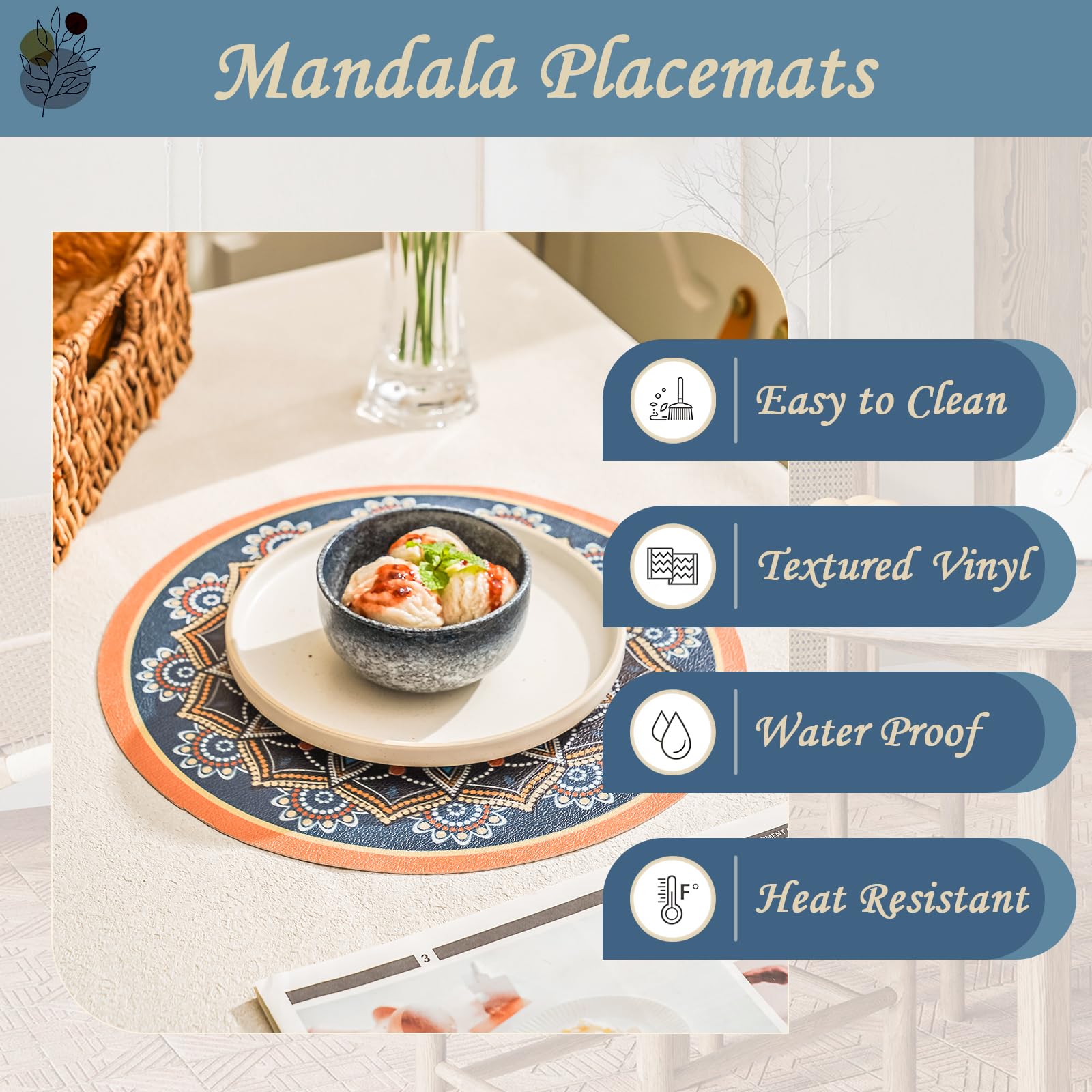 Elistonie Set of 6 Boho Round Placemats Waterproof Textured Vinyl Placemats for Dining Table Heat Resistant Dining Mats Washable Place Mats Mandala Round End Table Mat Bohemian Table Settings (D) - Image 3