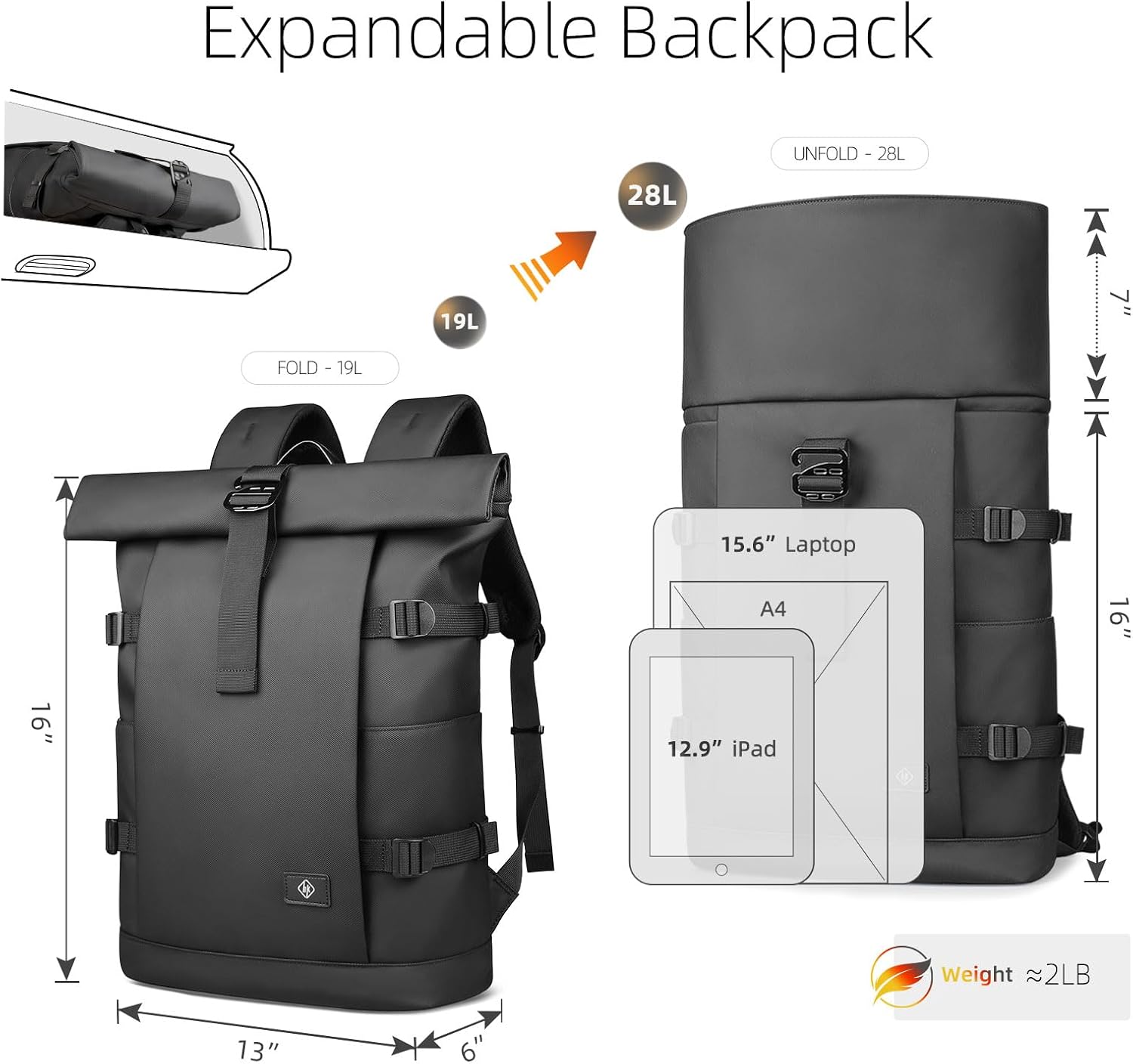 Rolltop Laptop Backpack,Expandable Business Travel Backpack for Men Women,Water-Resistant Casual Daypack with 15.6 Inch Laptop Compartment,19-28L Anti-Theft Computer Work Bag for Commute College-Black - Image 3