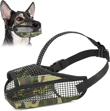 Soft Mesh Dog Muzzle with Reflective Adjustable Strap, Lightweight Muzzle for Large Medium Small Dogs, Prevents Biting Chewing Licking, Open Nose Design for Panting and Drinking Camo, L