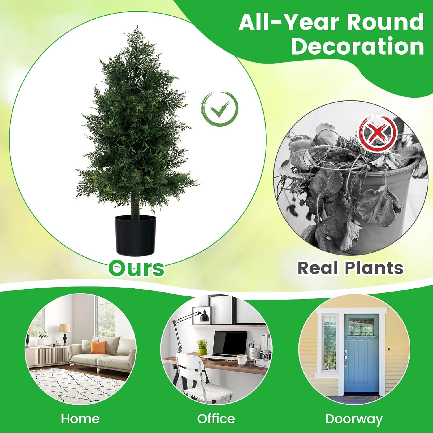 Goplus 31.5'' Artificial Cedar Topiary Trees for Outdoors, Potted Fake Cypress Trees with Cement Plastic Pot, Faux Cedar Pines Evergreen Plants for Indoor Home Front Porch Decor