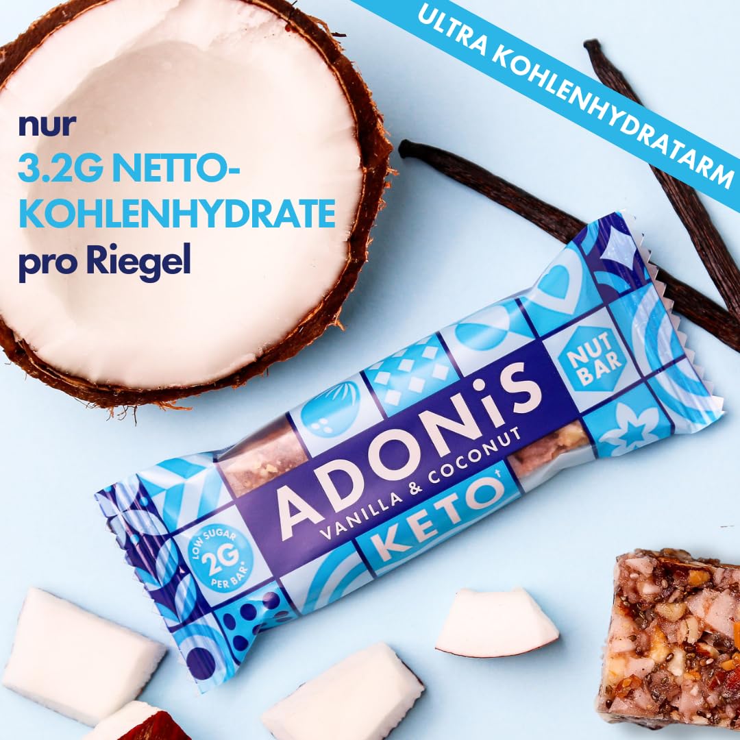 Adonis Keto Riegel Vanille- & Kokosnuss | 16x 35g | Keto Snacks | Vegan & 100% natürlich | Low Carb Bar und Low Sugar Snack | Perfect Keto-Diät Bars | Glutenfrei, ohne Zuckerzusatz (Vanille & Kokos)