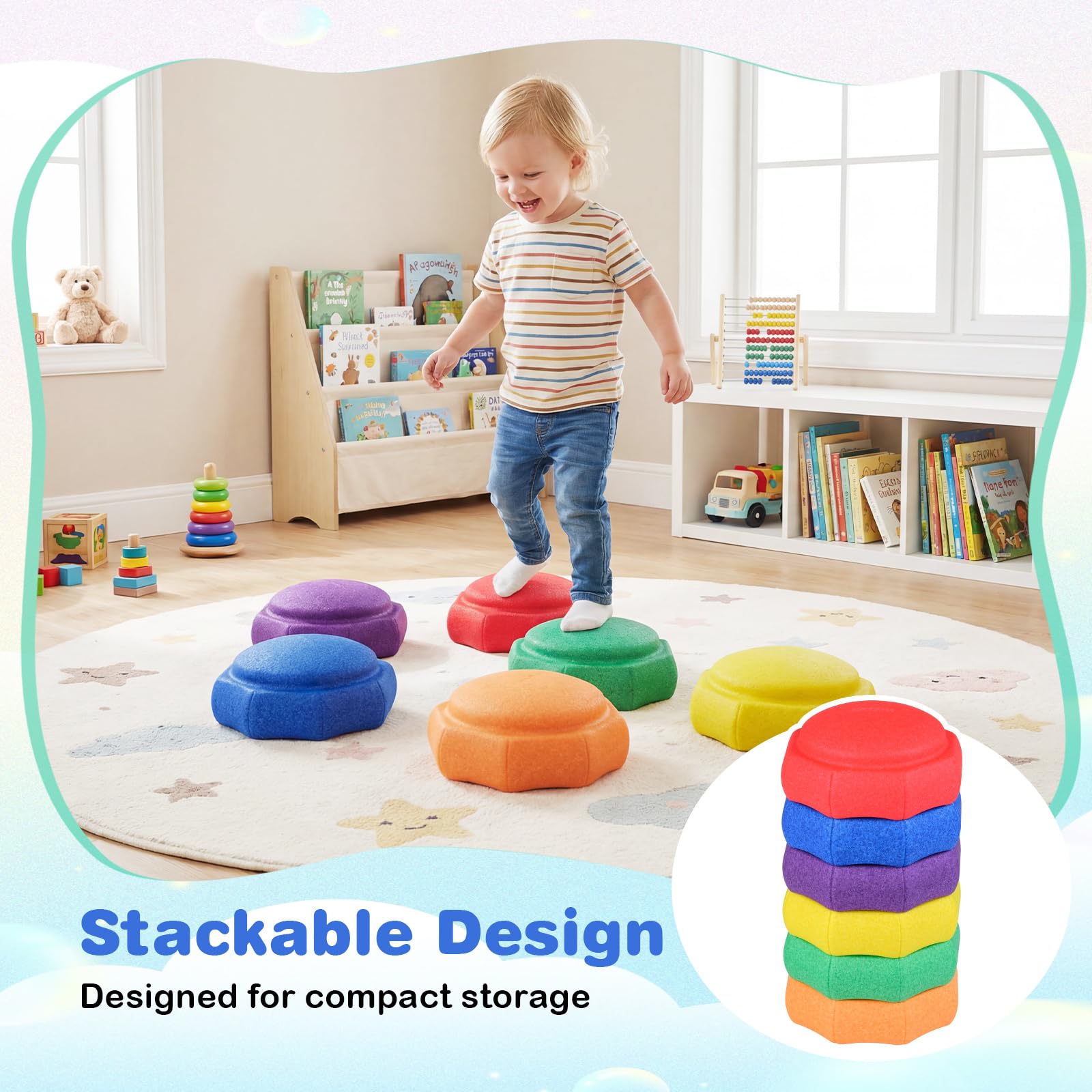 HOMASIS Juego de 6 Piedras de Equilibrio para Niños | Juguetes Sensoriales Apilables que Fomenta el Equilibrio, Coordinación, Curso de Obstáculos Infantil para Interior y Exterior