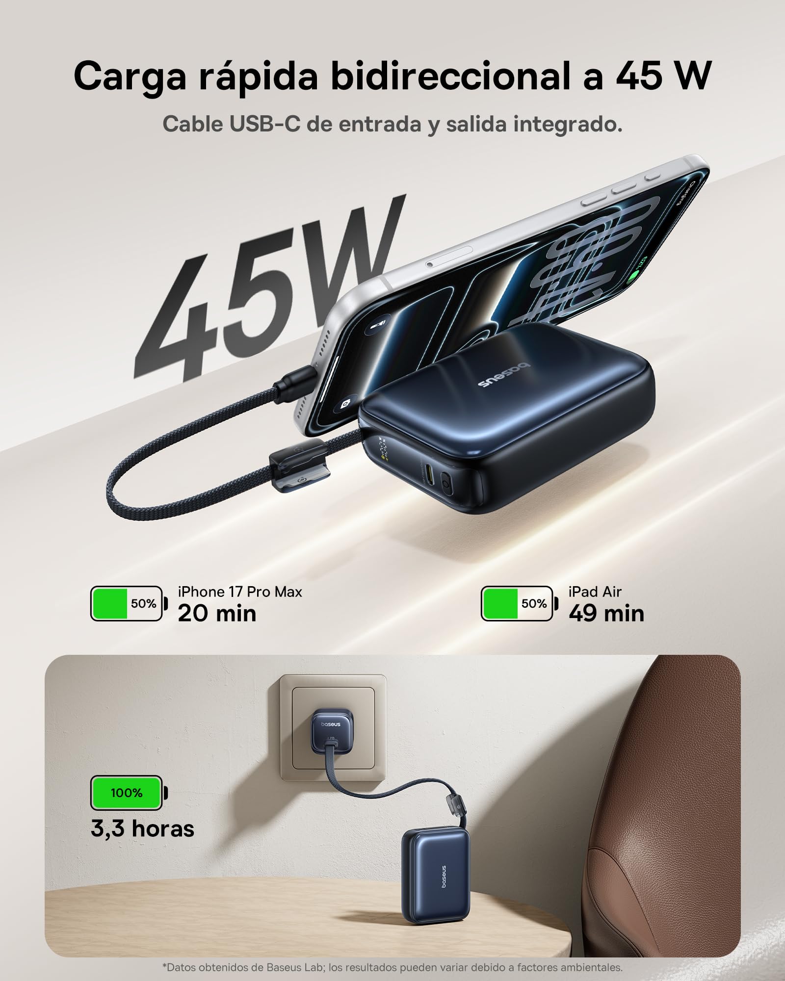 Baseus AC22 Mini Powerbank 20000mAh, Batería Externa Portátil Carga Rápida PD 45W con Cable USB-C Integrado, Power Bank Compacta para iPhone 17/16/15, Samsung S26/S25 Ultra, iPad y Pixel 10/9