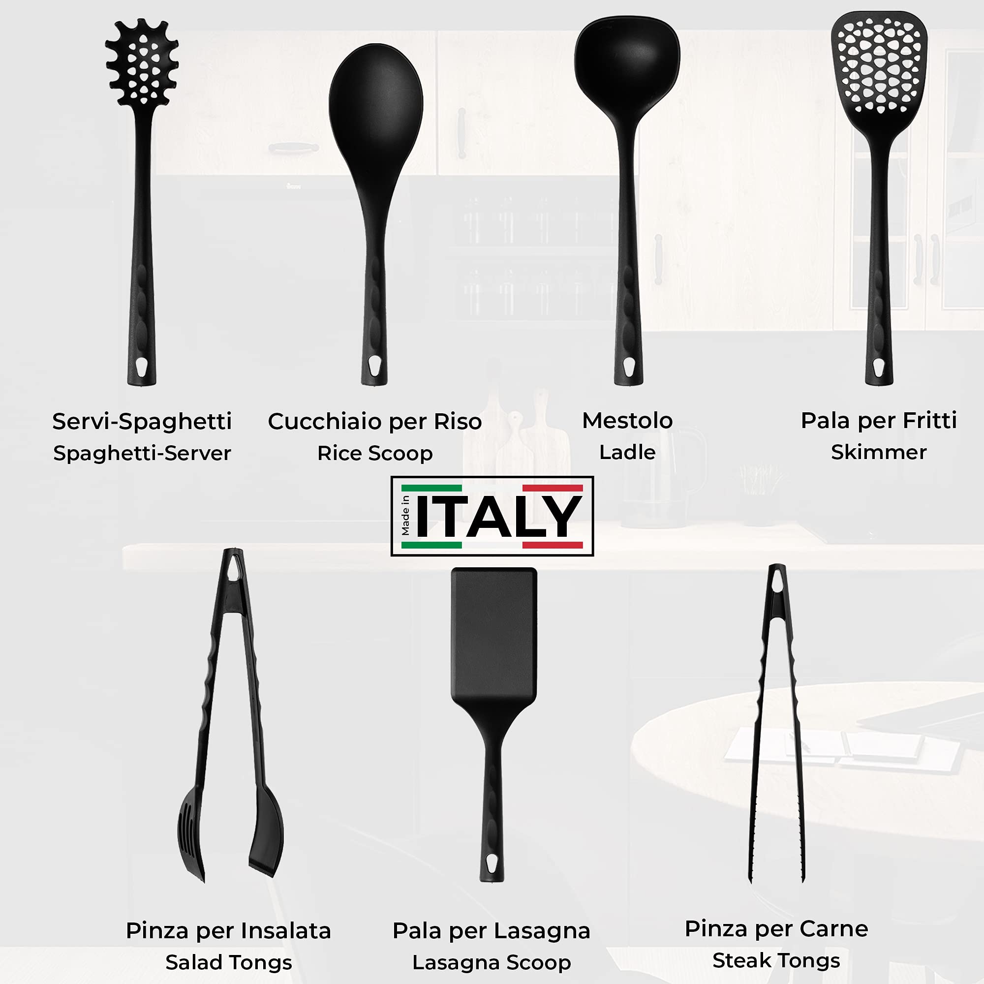 CIPOXPAT Set Utensili Cucina Professionali Made in Italy in Nylon 6.6 Set Mestoli da Cucina da 7pz Antigraffio Antiaderente e Resistente al Calore Fino a 220° Lavabili in Lavastoviglie