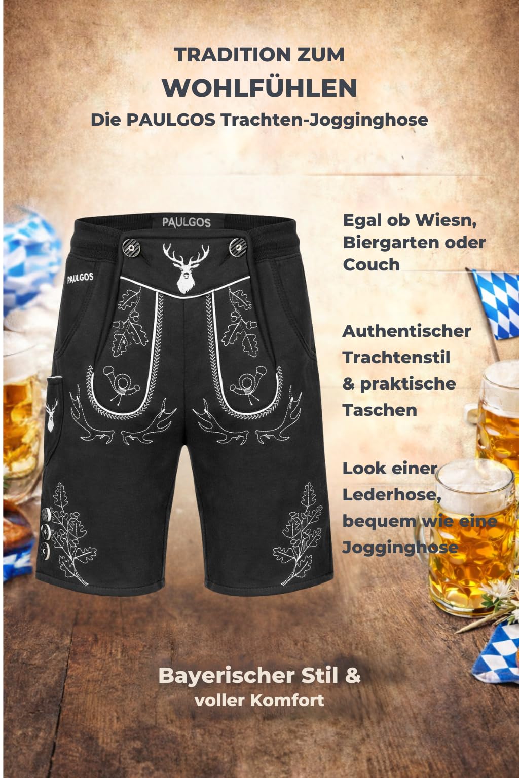 PAULGOS Herren Trachten Jogginghose JOK5, Optik Trachten Lederhose, Gr.S-5XL