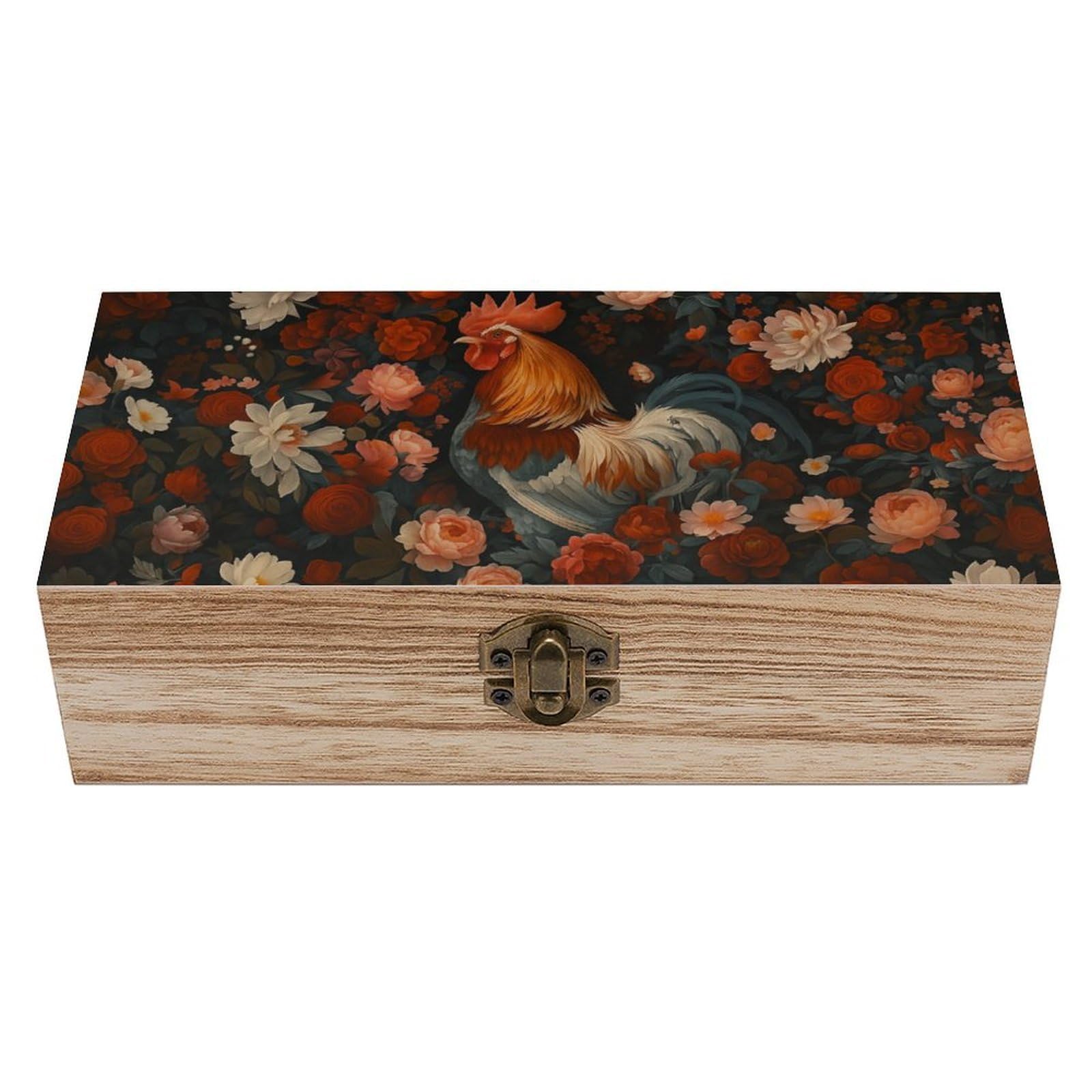 Oudrspo Vintage Rooster And Peony Retro Wooden Storage Box Keepsake Jewelry Decorative Art Storages Box Gift Boxs
