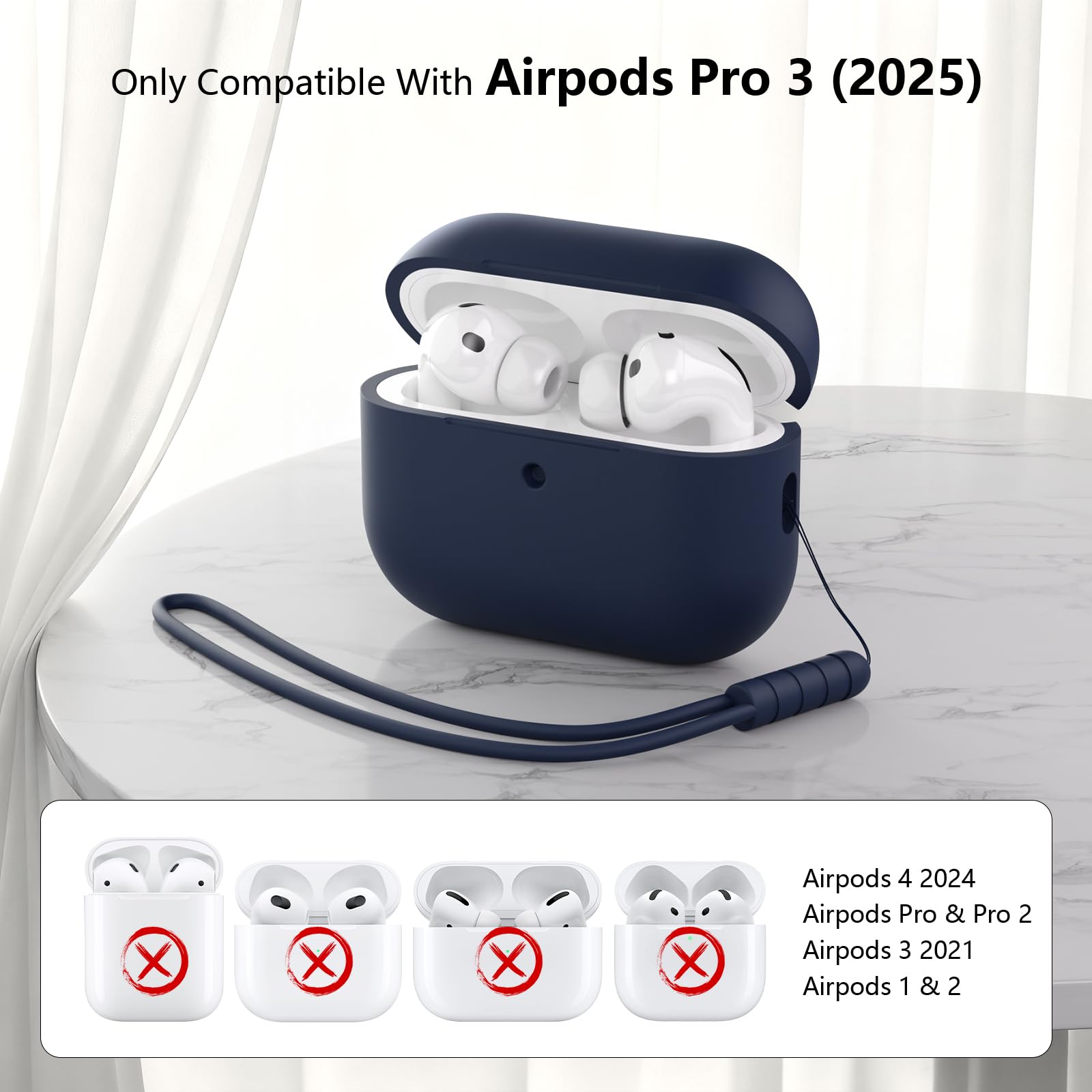 Coque Étui Protecteur Compatible avec Airpods Pro 3ᵉ Génération, Protection Complète, Housse en Silicone Etui pour AirPods Pro 3 avec Lanière, LED Avant Peut être Visible, Midnight Blue - 3