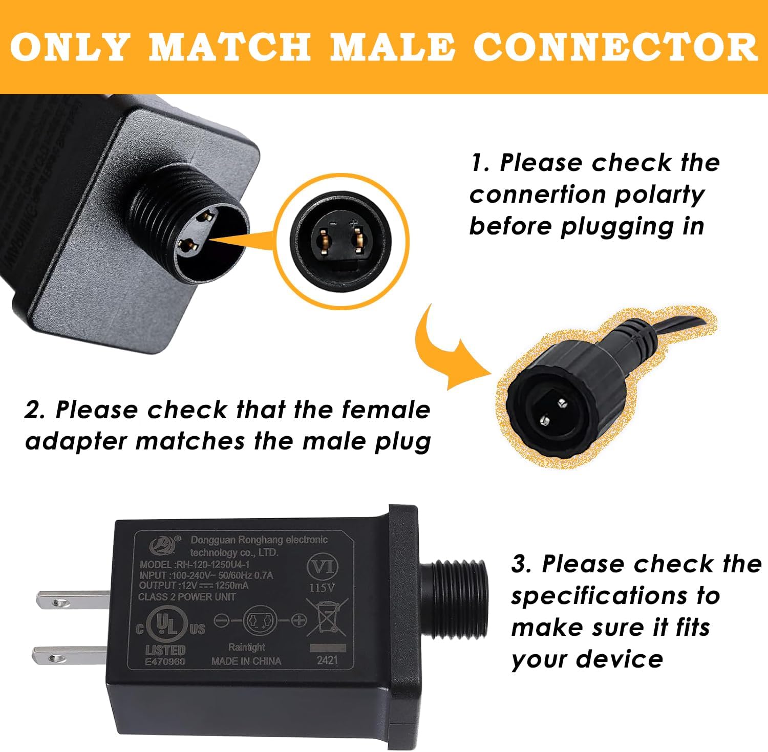 Replacement Yard Inflatable Adapter 12V 1.25A, Transformer US Plug for Halloween Christmas Inflatable Outdoor Decorations, Class 2 Power Supply for LED Light