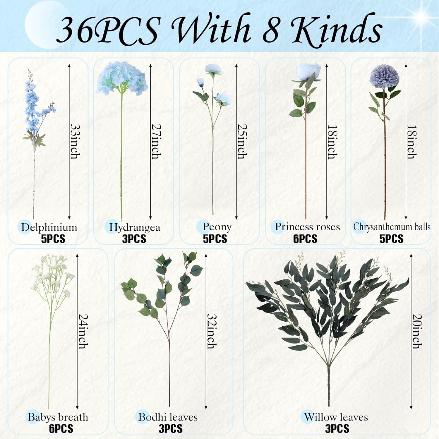 Suncalla 36 Pcs Blue Artificial Flowers Bouquet Set 8 Kind Faux Delphinium Rose Peony Chrysanthemum Hydrangea Baby's Breath Florals with Greenery Long Stem for Wedding Table Centerpiece Vase Decor