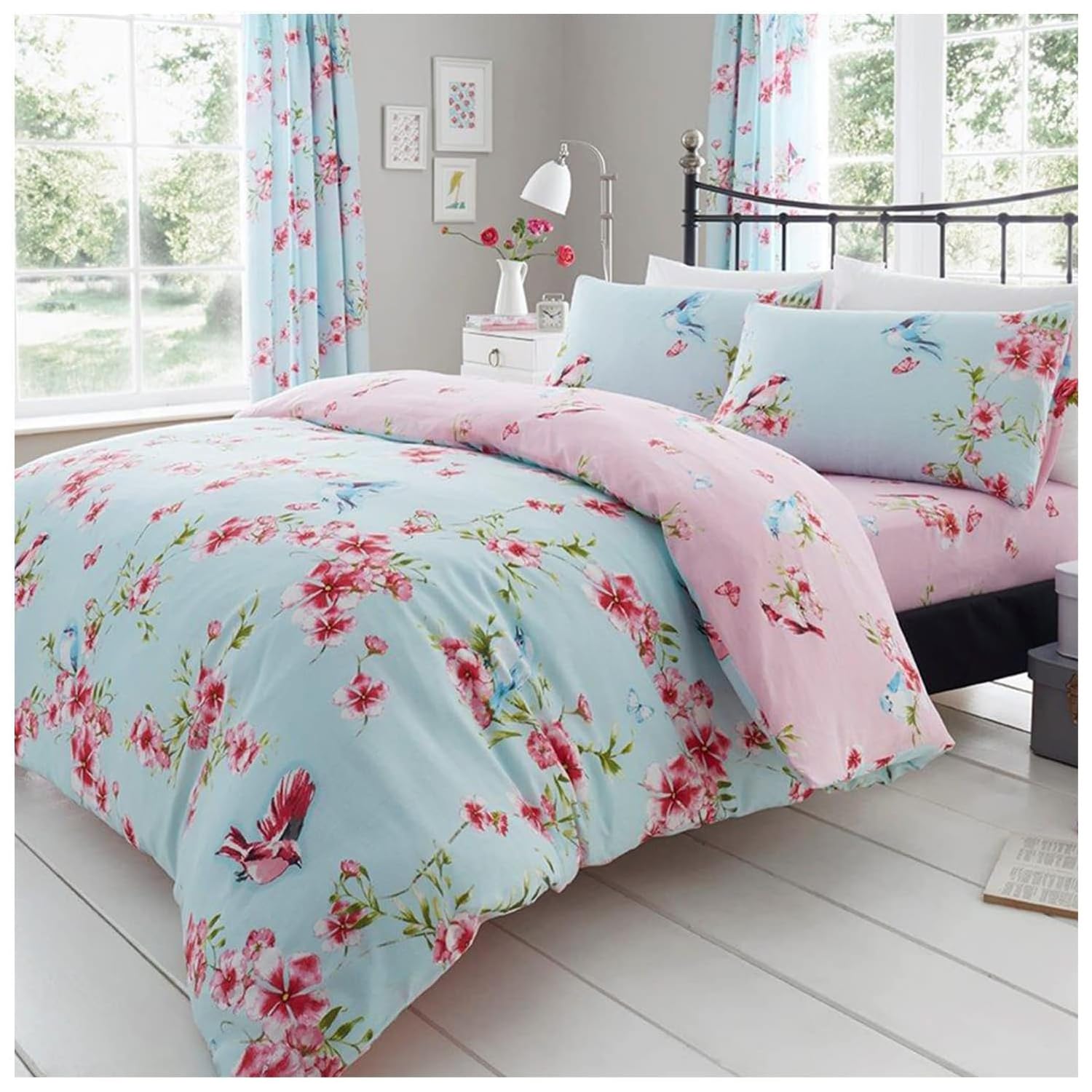 GC GAVENO CAVAILIA Luxury Breathable Soft & Cost Birdie Blossom Floral Bedding Set, Reversible Flowers Single Bed Duvet Cover Set, Easycare Birds Quilt Cover with Matching Pillowcase, Blue โ image 1