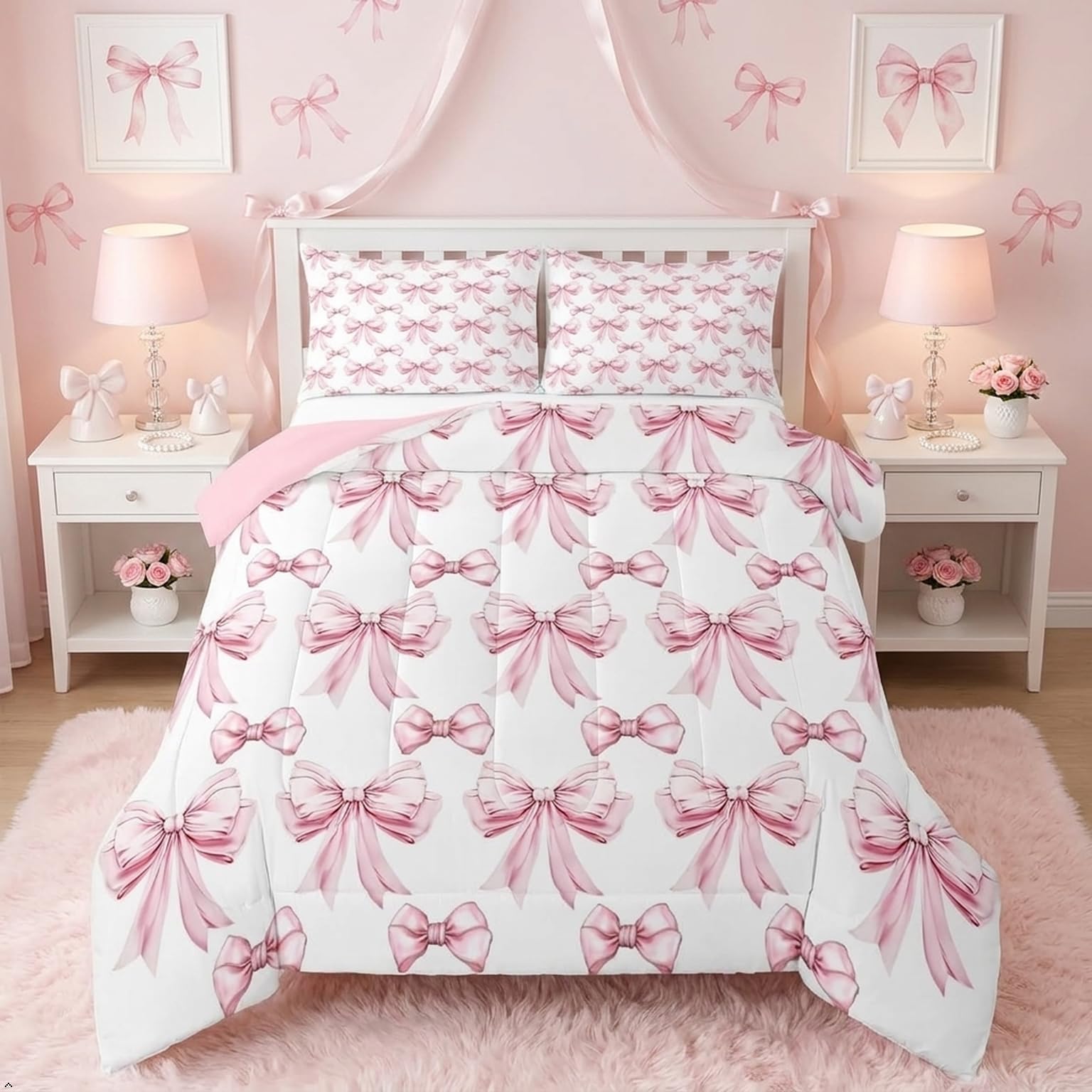 Erosebridal Pink Bow King Comforter Set for Girls - Cute Pink Bows Bedding Sets for Kids Women, Preppy Bow Tie Bowknot Bed Set, Princess Ribbons Aesthetic Room Decor with 2 Pillowcases