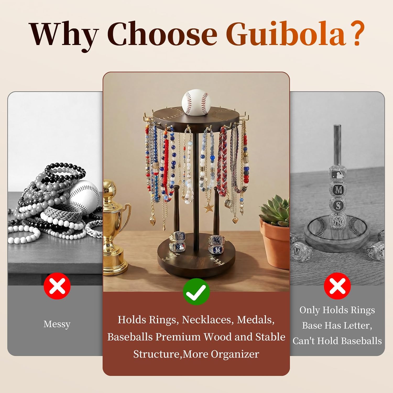 Baseball Drip Necklace Organizer Holder, 360° Rotating Championship Ring & Necklace Display Holder, Wooden Rotating Display Stand 16 Hooks for Baseball & Softball Gift (Natural)