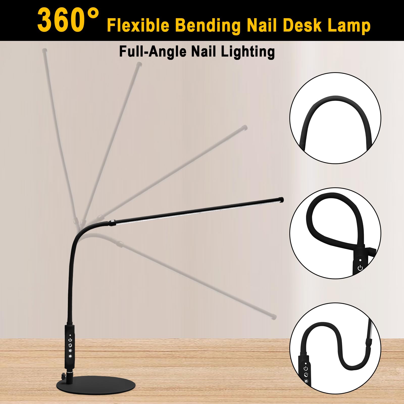 CGBE 60cm Lampada da Tavolo per Unghie LED 18W per Onicotecnico Nero | 360° Flessibile Lampada da Scrivania, Tocca Controllo, 3 Modalità 5 Luminosità Dimmerabile per Manicure Lettura Studio Lavoro