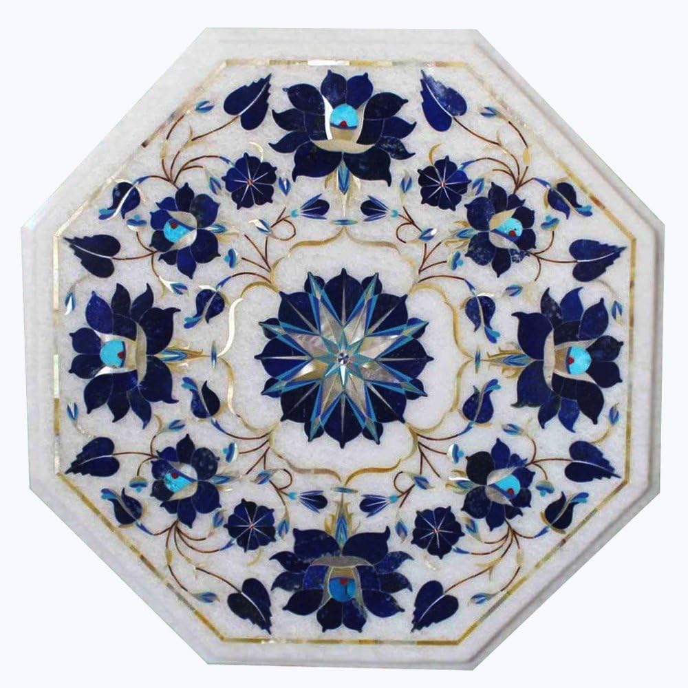White Marble Inlay Pietra Dura Unique Side Table Top 15" inch Inlay Lapis Work Design in Different Shapes Blue Sunflowers Indoor Modren Filigree Table Top Made from One Stone Work Handmade