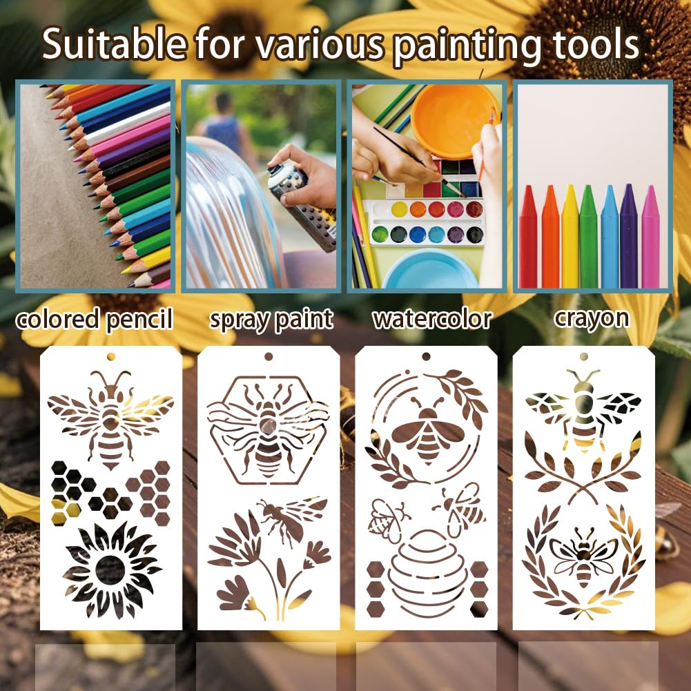 GOMAKERER 12 Pcs Bee and Dragonfly Stencils for Painting, 12 Styles Bee Honeycomb Painting Stencils Reusable Art Drawing Templates for Drawing on Wall Wood Home Decor - Image 3