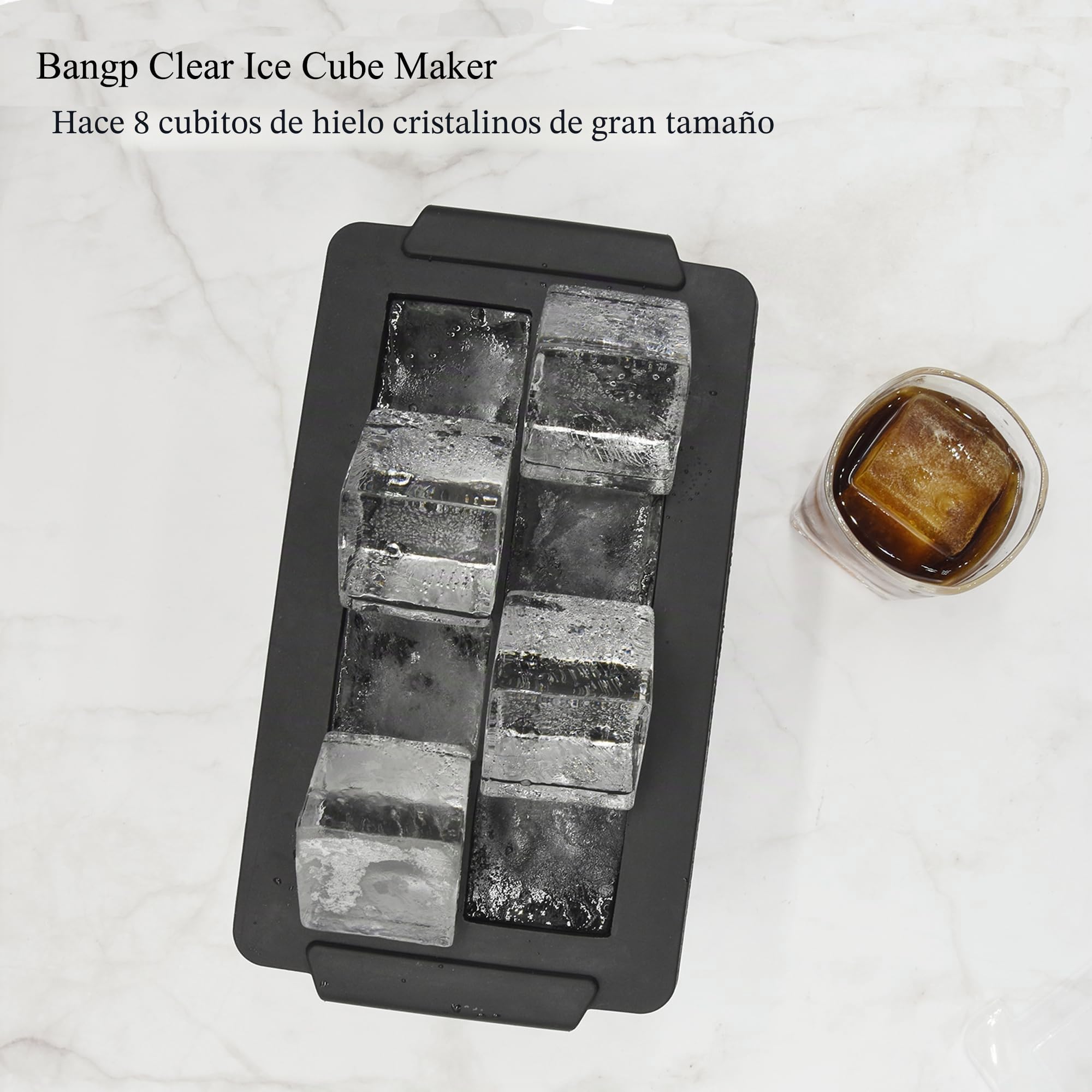 Bangp Molde para hacer 8 cubitos de hielo grandes cuadrados transparentes de 2 pulgadas para whisky, cóctel, bourbon y bebidas, con bolsa de almacenamiento