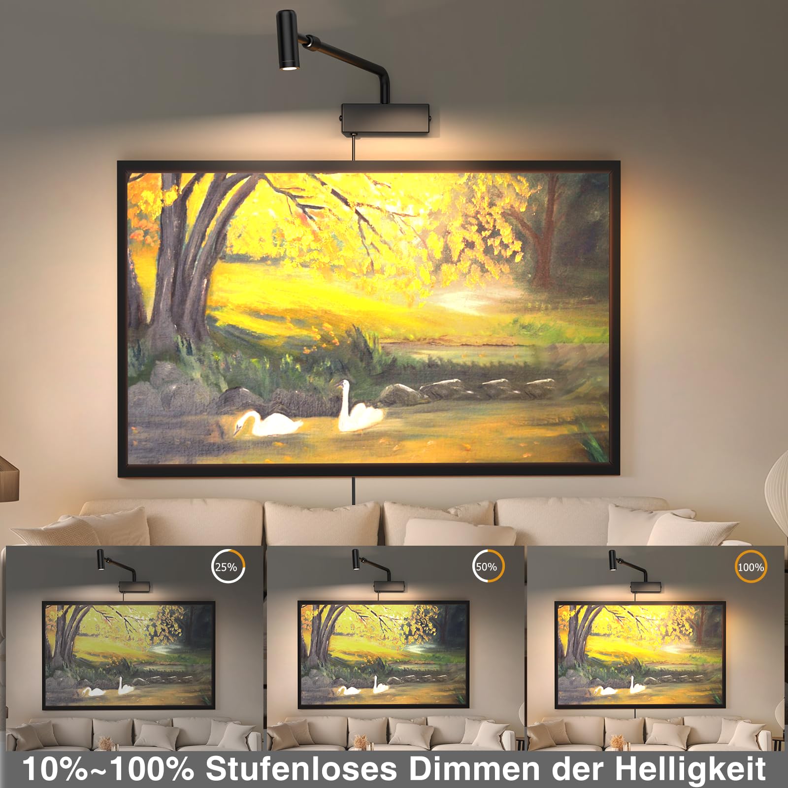 Rückziehbare 2700K LED-Spotlight Innen LED Bilderleuchte Plug-in, 180°drehbares Bildbeleuchtung mit Fernbedienung, Dimmbares Bildlicht mit Ein/Aus-Schalter für Wandkunstpräsentation, Schwarz