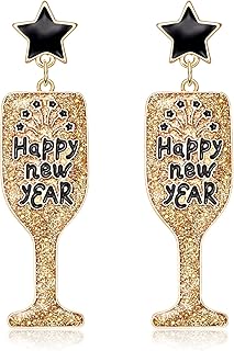 Happy New Year's Eve Champagne Bottle Earrings for Women Glitter Wine Glass Drop Dangle Earrings Christmas New Year Party Holiday Earrings Accessory Jewelry Gifts