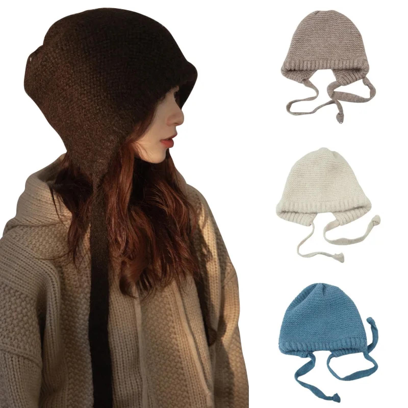 Czapki Czapki Skullies Czapki Beanie Zimowa Dzianinowa Czapka dla Kobiet Jednolity Kolor Miękka Binnet Pogrubiona Wiatroszczelna Czapka Z Kapturem Regulowane Paski Ochrona uszu Czapka