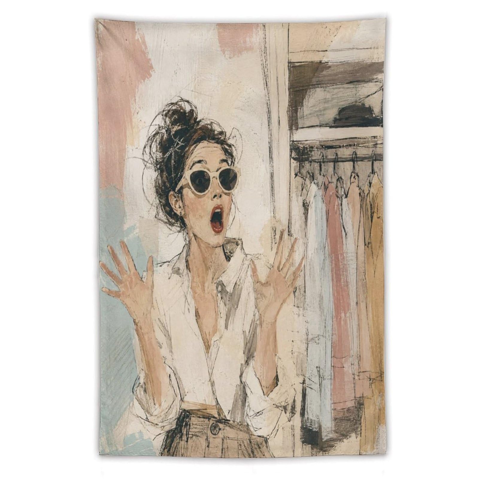 H3B8U2Y5 Surprised Fashion Woman Wall Tapestry, Watercolor Style, Apartment