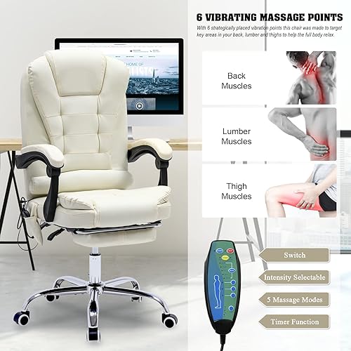 Miniatura 4 de ONPNO Silla de oficina reclinable con masaje, ergonómica con reposapiés, computadora ejecutiva de piel sintética con calefacción, reposabrazos