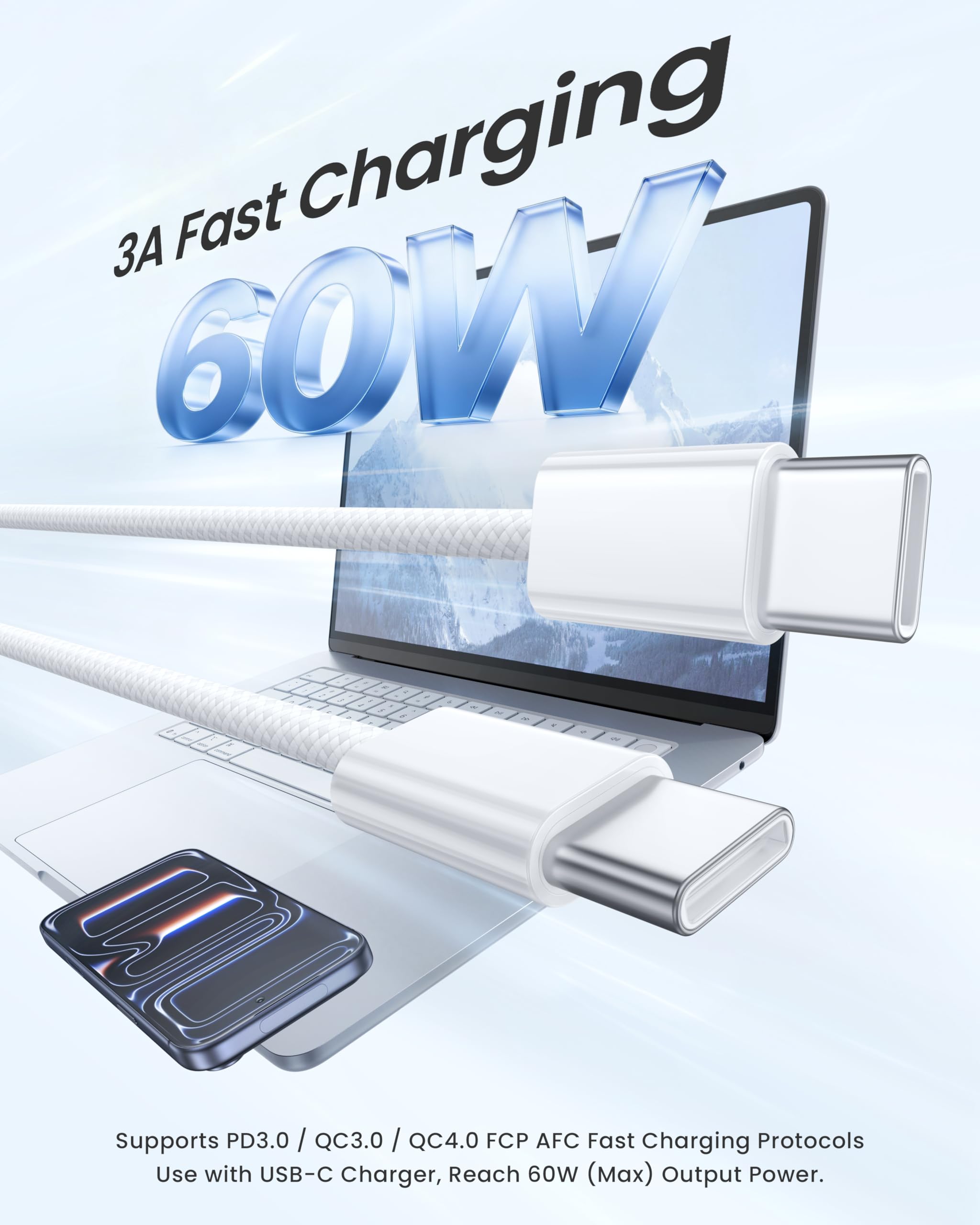 Kabel ładujący USB-C do USB-C 2 Sztuki 2M 60 W typ C szybkie ładowanie | kabel ładujący USB-C do telefonu iPhone'a 17, 16, 15, MacBook Pro, iPad Air/Pro, Samsunga Galaxy S26/ S25, Google Pixel
