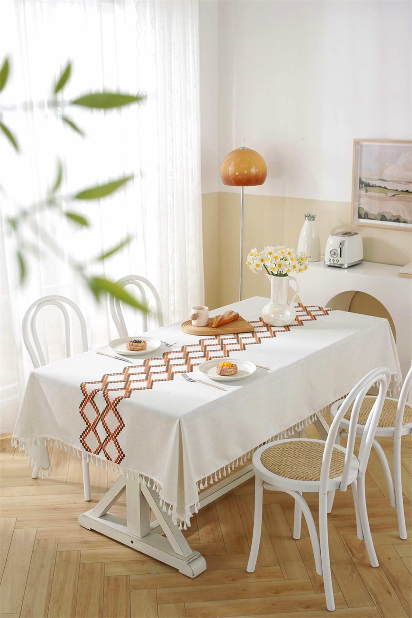 Mantel Rectangular Café para Mesa, Bordado de Geométrico con Borlas, de Poliéster Fácil de Limpiar, 140 x 180 cm, Mantel para Comedor y Cocina