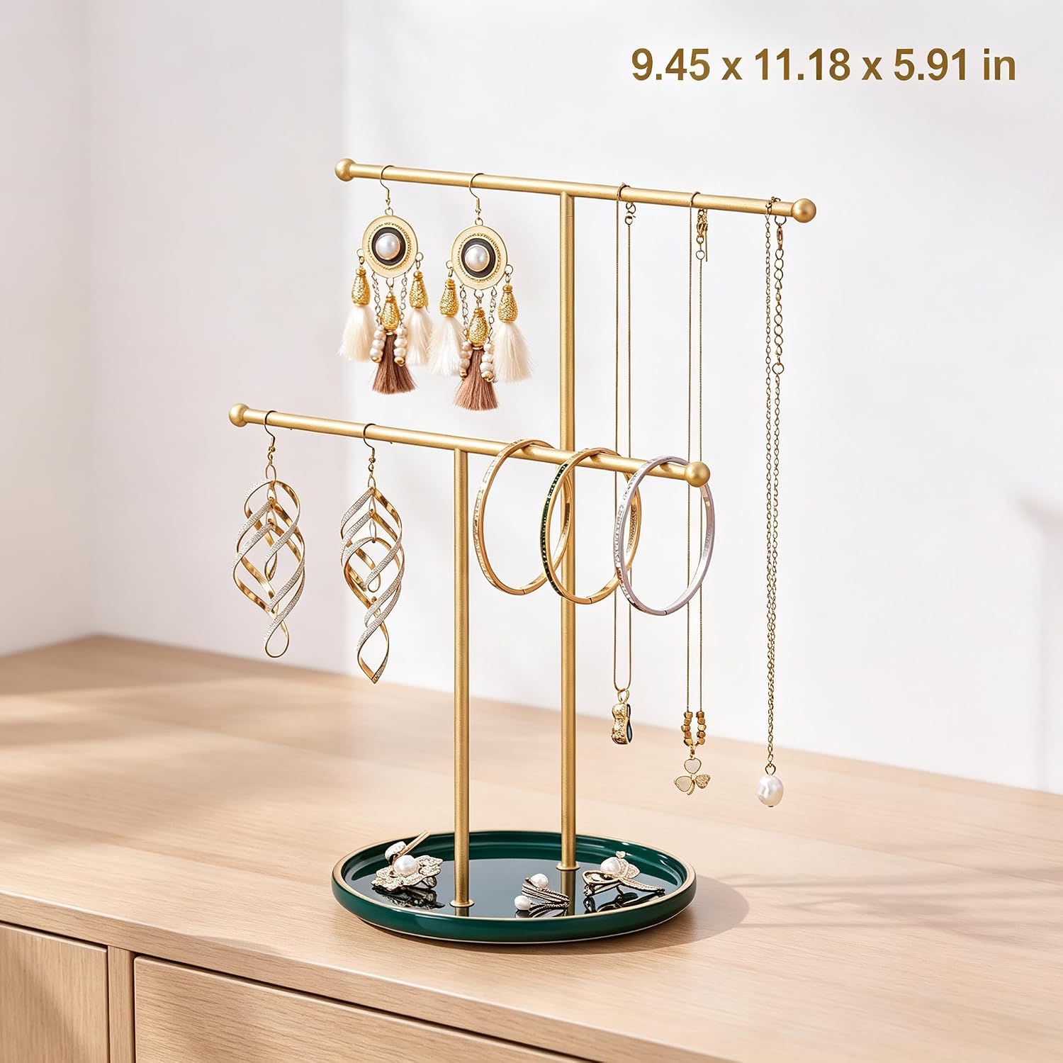 Jewelry Stand with Ceramic Tray Necklace Holder Gold Bar image 2