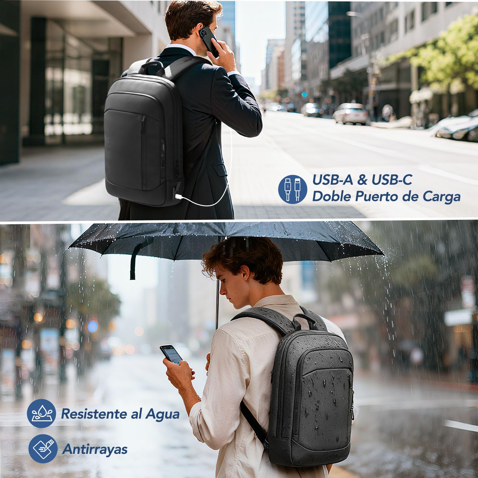 Mochila Ultra Delgada para Hombre y Mujer Mochila Portátil 15,6 Pulgadas | Ligera y Impermeable con Puerto USB A&C Mochila Antirrobo para Trabajo Oficina Viaje Negocio Diarios, Negro