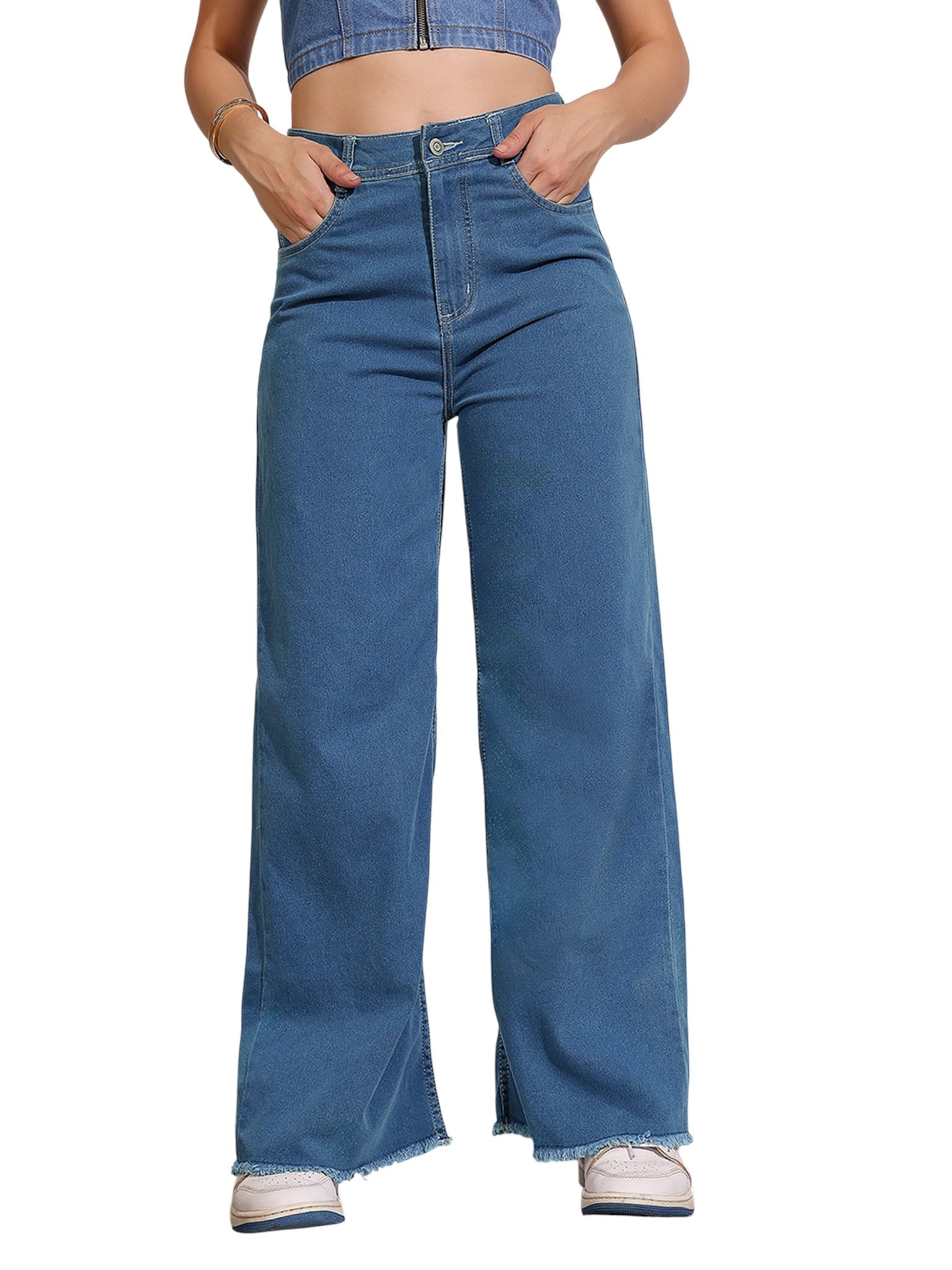 dolce crudo Women High-Rise Dark Wash Bootcut Jeans with Plaid Slit Panel Detail-picture-11