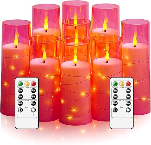 Velas LED sin llama con temporizador, 9 velas parpadeantes sin llama para ambiente romántico y decoración del hogar, carcasa acrílica estable, con