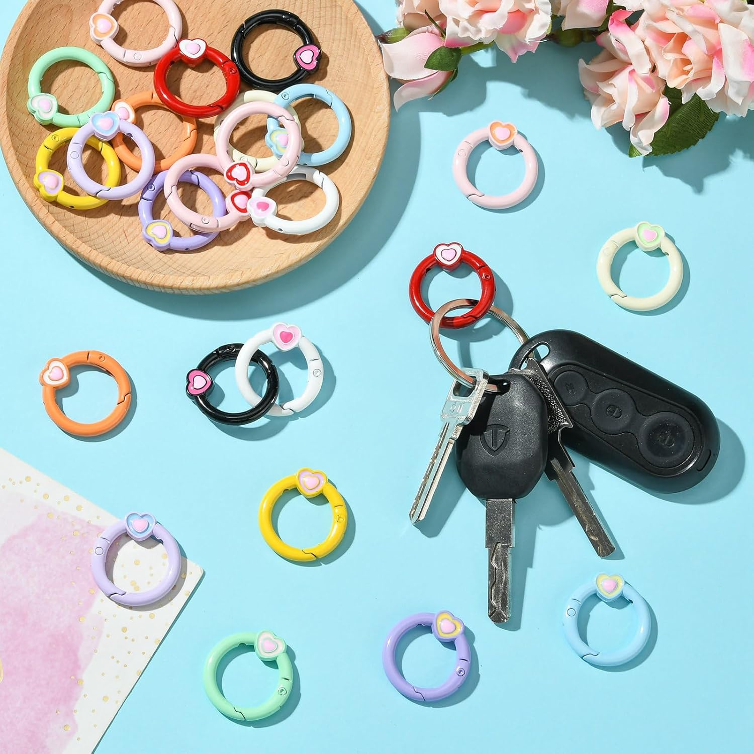 Stiesy 24 Pcs 12 Colors Spring O Ring Clip Baking Paint Alloy Inner 18mm Round Spring Ring Clasp with Heart Enamel DIY Accessories Round Ends Clasps for Keychains Bag Purse Handbag - Image 6