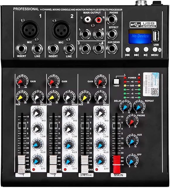 Depusheng HT4 Bluetooth Compatible Professional Portable Digital DJ Console w/USB 4 Channel Mixer Audio Interface-Mixing Boards For Studio Recording,Black