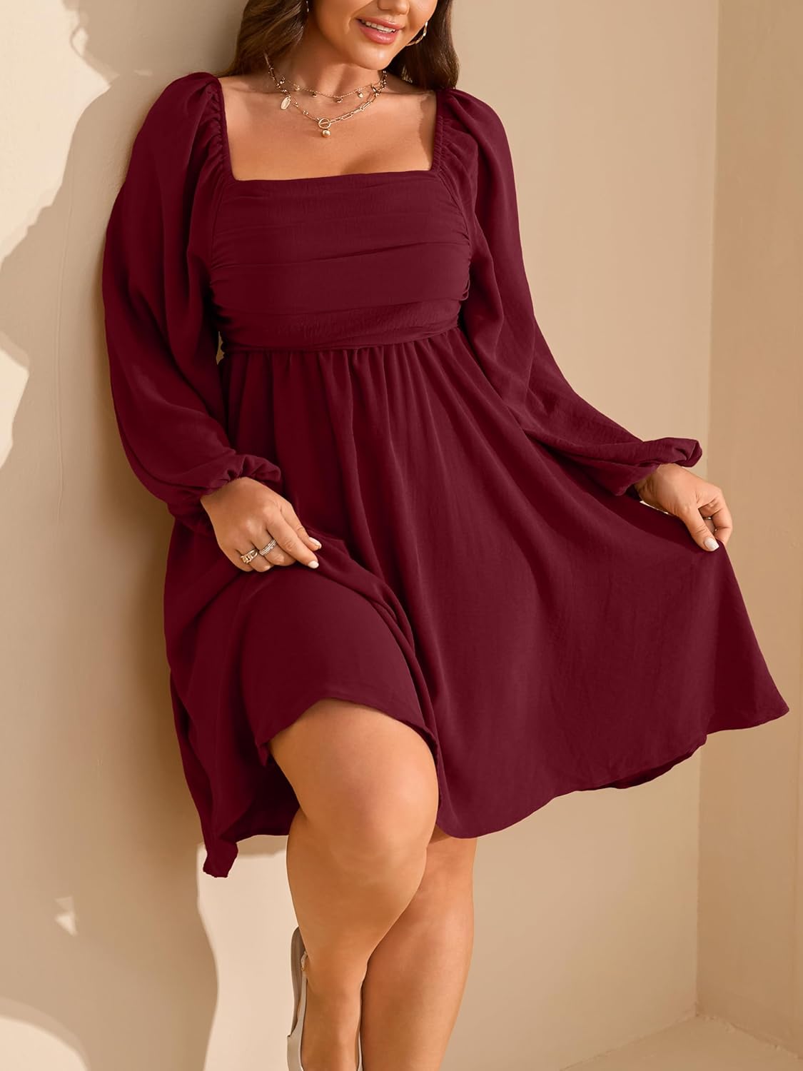 RWJ Womens Long Sleeve Mini Dress 2025 Fall Elegant Square Neck A Line Ruched Smocked Wedding Guest Party Plus Size Dresses - Image 2