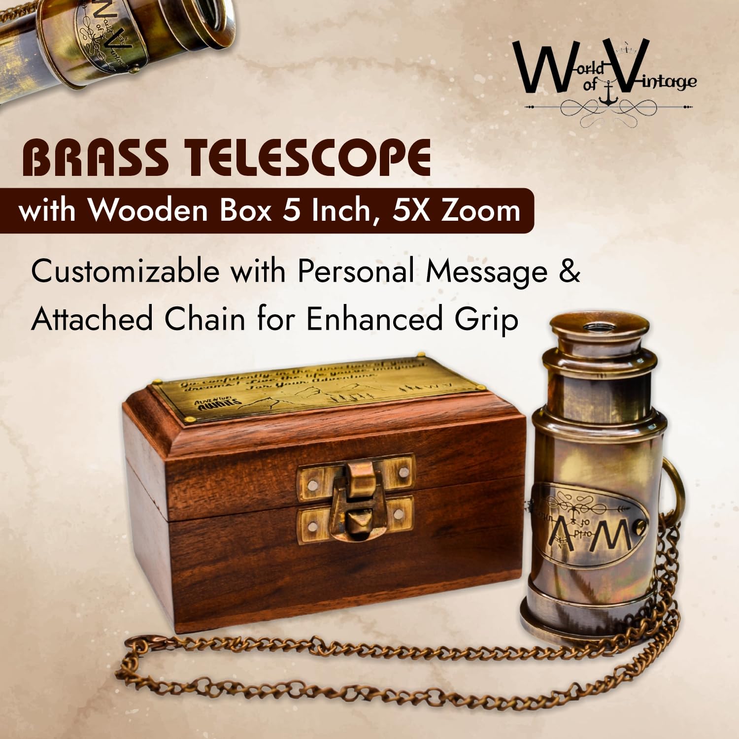 World Of Vintage Personalized Brass Telescope with Wooden Box - 5 Inch, 5X Zoom | Free Customizable with Personal Message & Attached Chain for Enhanced Grip | Personalized Gift | Inspiration Quotes